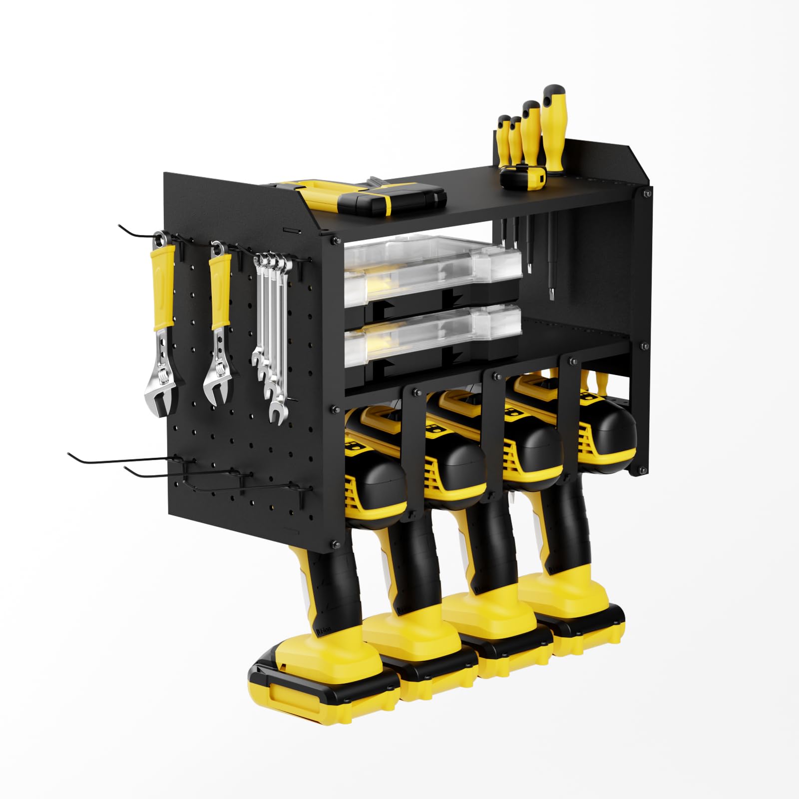 3-Tier Wall Mount Metal Power Tool Organizer with 6 Hooks - Heavy Duty Drill & Screwdriver Storage Rack for Garage, Workshop & DIY Projects (Black)