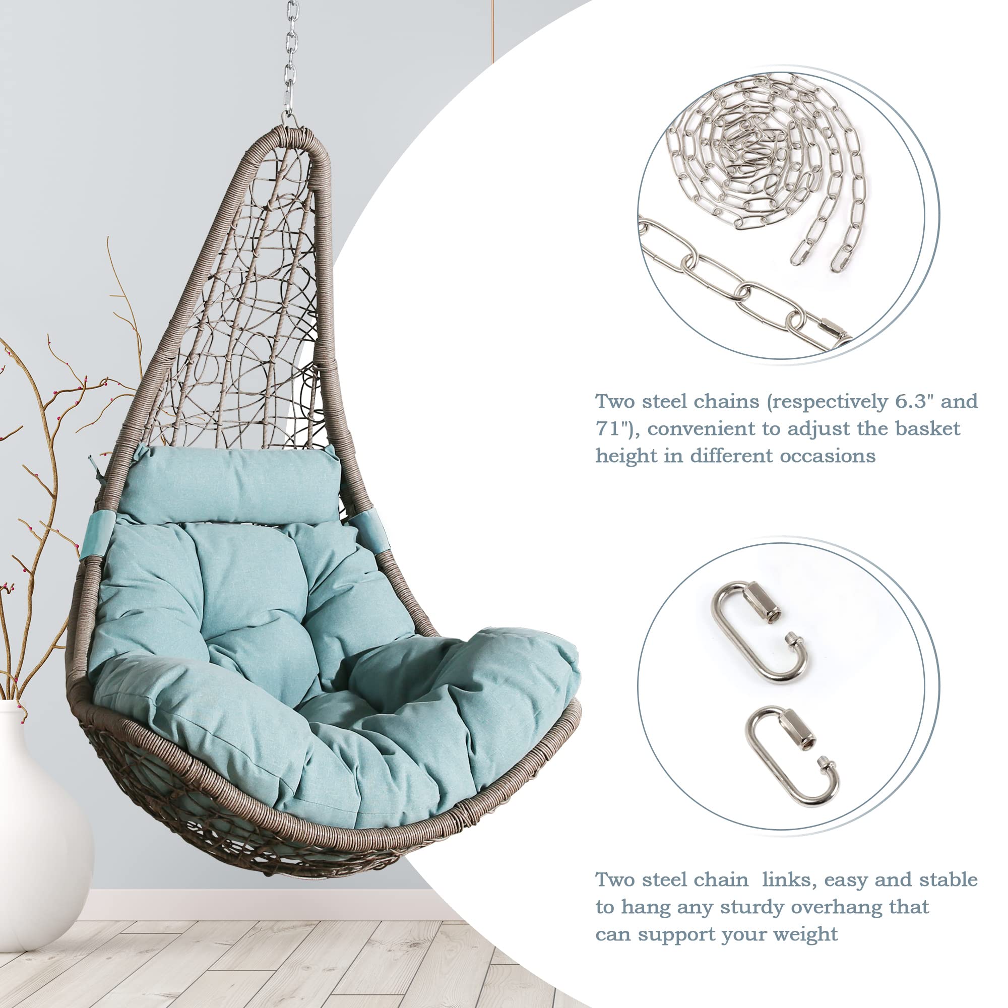 Outdoor Hanging Egg Chair - Wicker Swing Hammock with Cushion & Pillow for Patio, Garden, Balcony or Bedroom - Turquoise Boho Lounge Chair for Relaxing & Reading