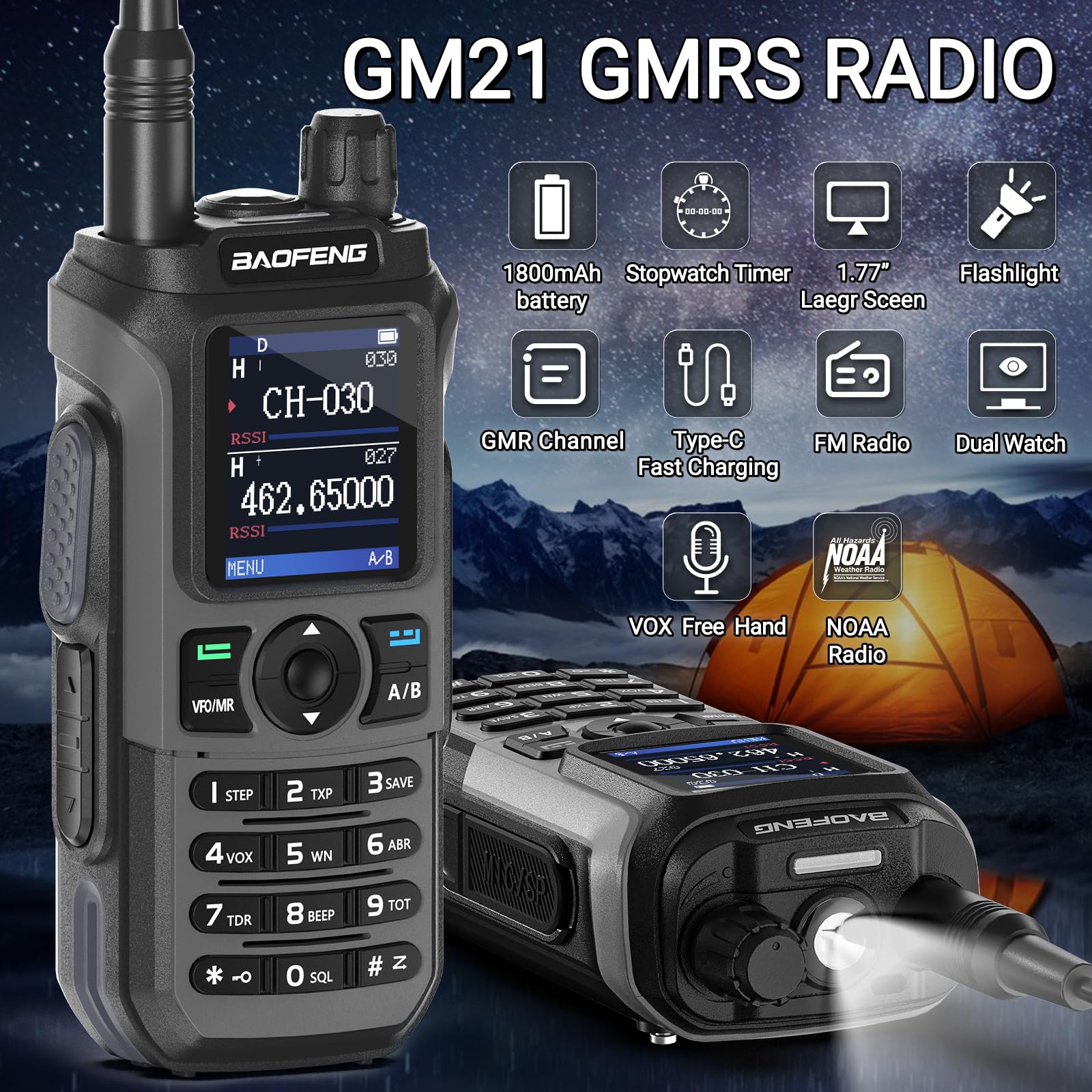 BAOFENG GM21 GMRS Handheld Two-Way Radio - Long Range Walkie Talkie with Rechargeable Battery, NOAA Weather Alert, 999 Channels & USB-C Charger | Ideal for Outdoor Adventures, Emergency Communication, and Group Activities