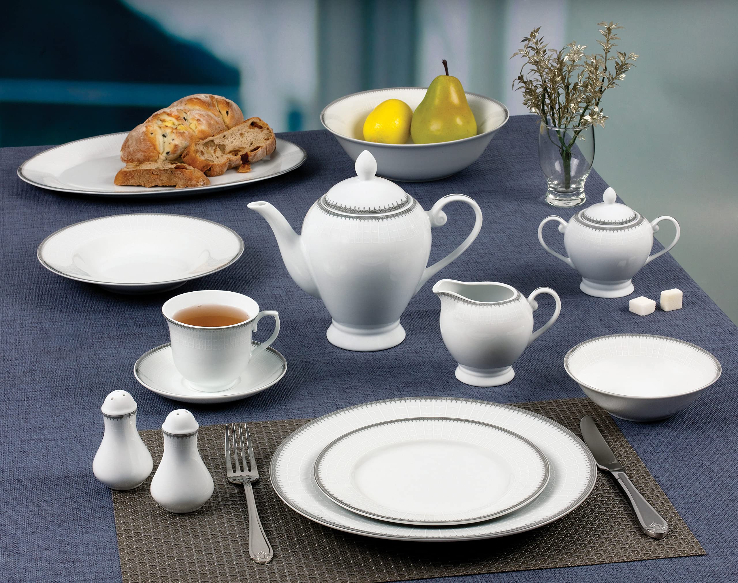 57-Piece Elegant Porcelain Dinnerware Set for 8 - Alyssa Collection with Silver Trim | Perfect for Formal Dining, Dinner Parties & Holiday Entertaining