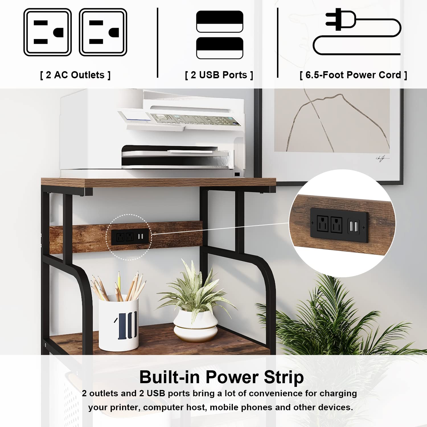 VEDECASA 3-Tier Rolling Printer Stand with Charging Station & USB Port - Adjustable Shelf, 21.2