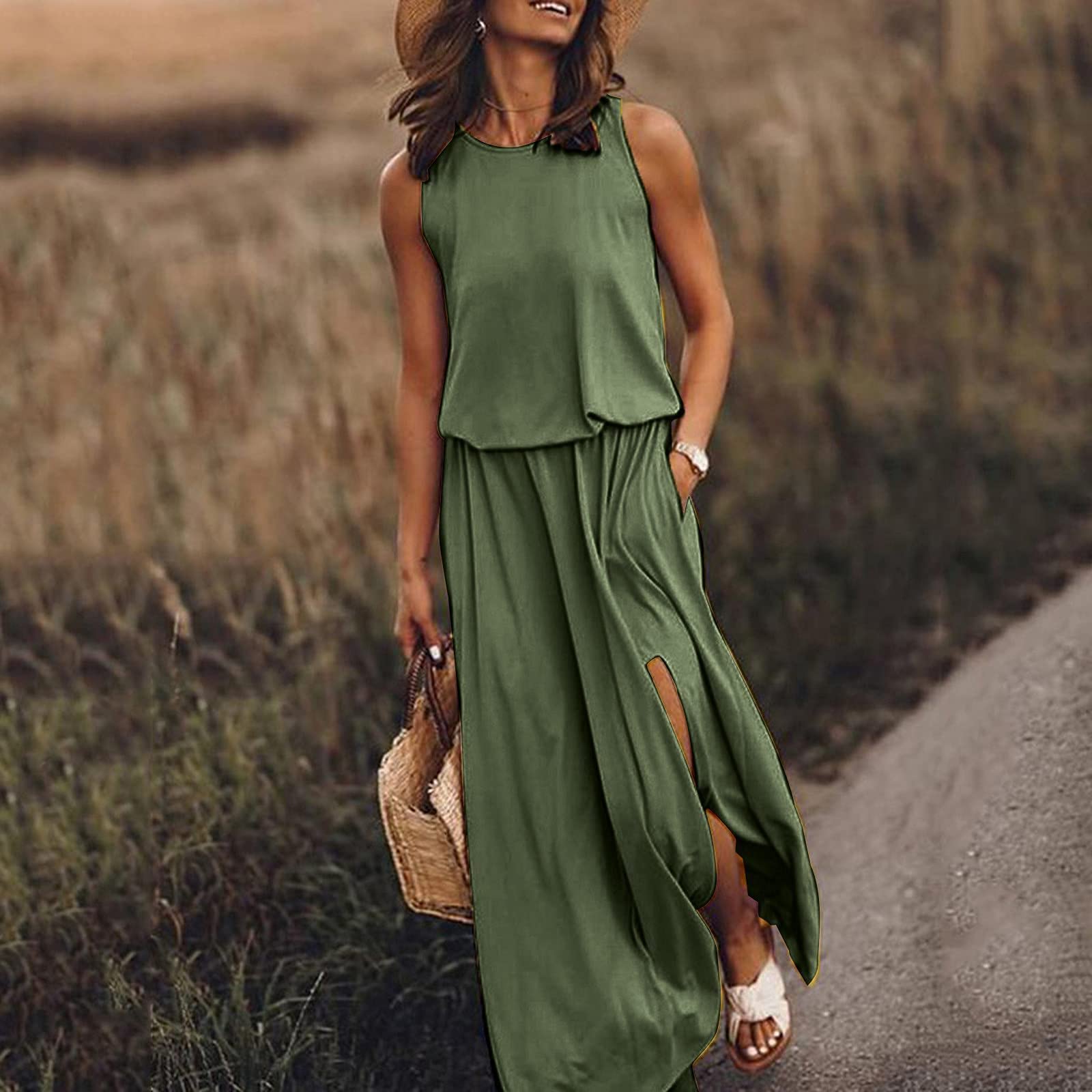Women's Fake Two-Piece Maxi Dress - Round Neck Solid/Gradient/Printed Tank Dress with Slit | Casual Summer Beachwear, Boho Chic Outfit for Vacations & Outdoor Events (Army Green)