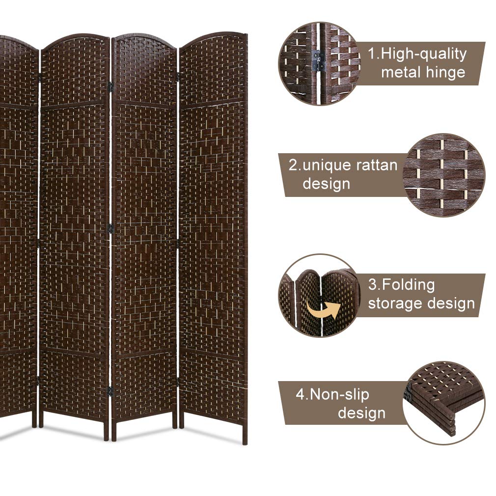 HGS 6 Panel Wooden Room Divider - 6FT Foldable Privacy Screen, Freestanding Partition with Weave Fiber Design in Brown | Perfect for Home Office, Bedroom Separation, and Event Spaces