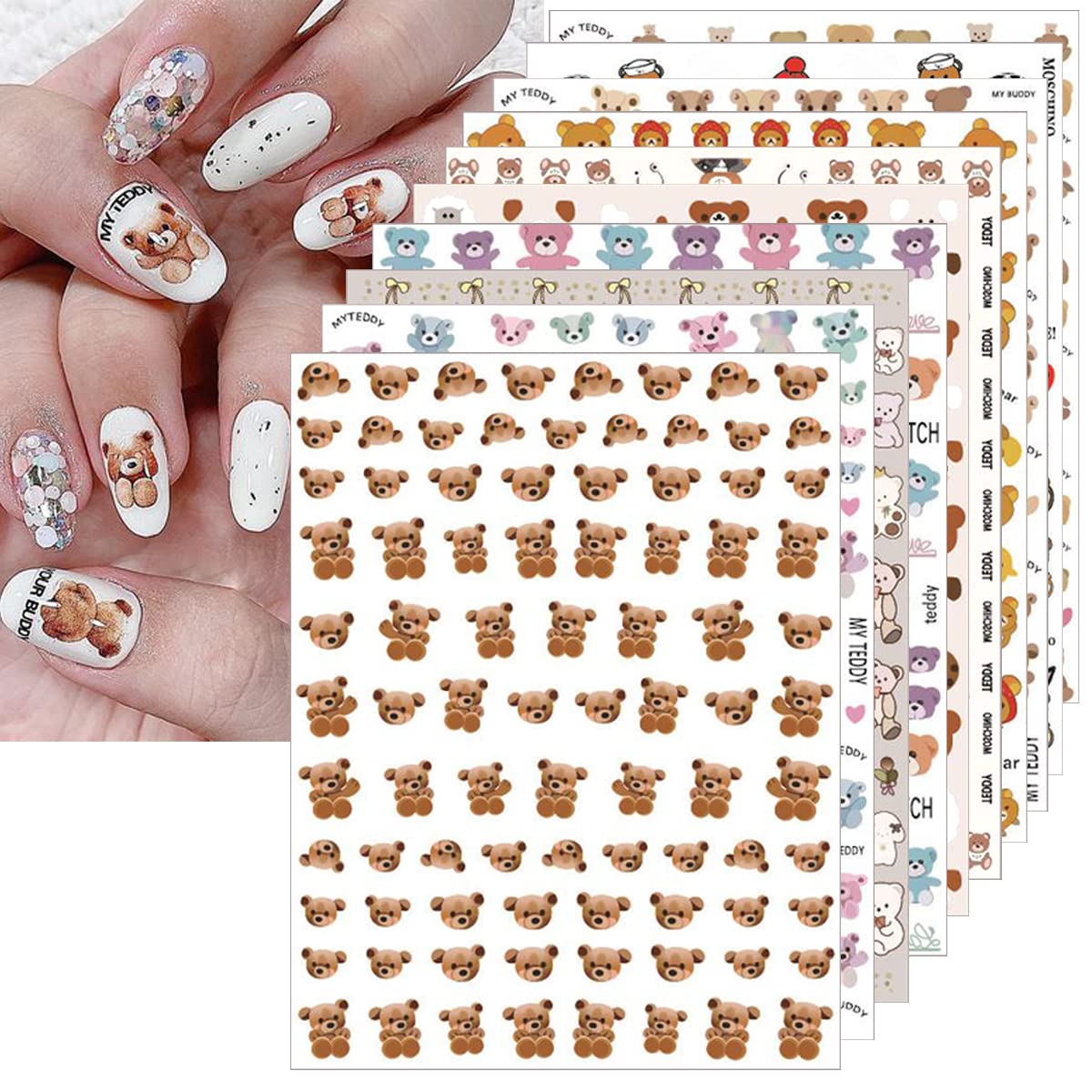 10 Sheets Cute Bear Nail Stickers - 3D Self-Adhesive Cartoon Nail Art Decals for Women & Girls | DIY Manicure Decorations, Fashion Nail Accessories - Perfect for Parties, Holidays & Everyday Wear