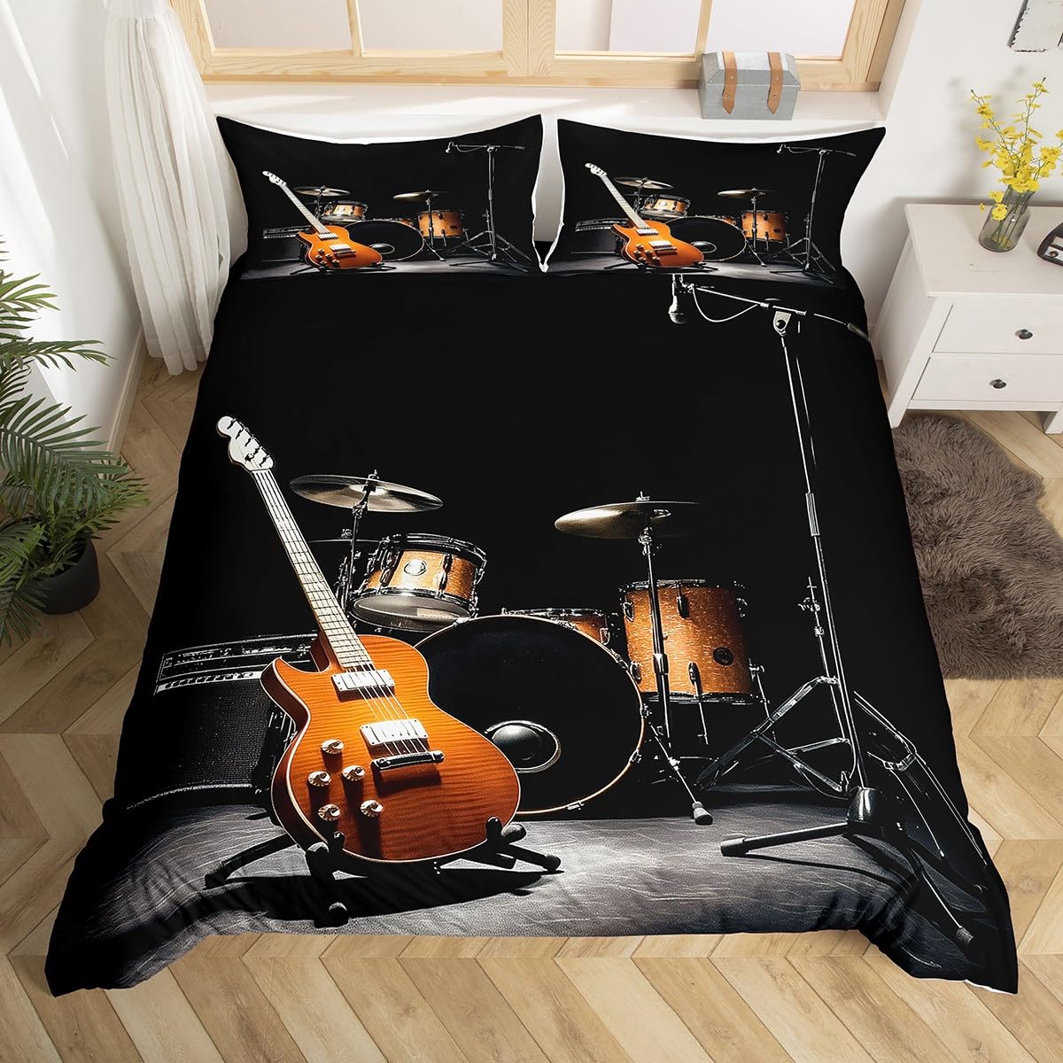 Feelyou Rock Music Themed Guitar Bedding Set - Twin Size Duvet Cover & Pillowcase (2Pcs) for Teens, Kids & Adults | Musical Instrument Pattern Comforter Cover with Drum Kit Design | Perfect for Rock Music Lovers' Bedroom Decor & Themed Teen Rooms