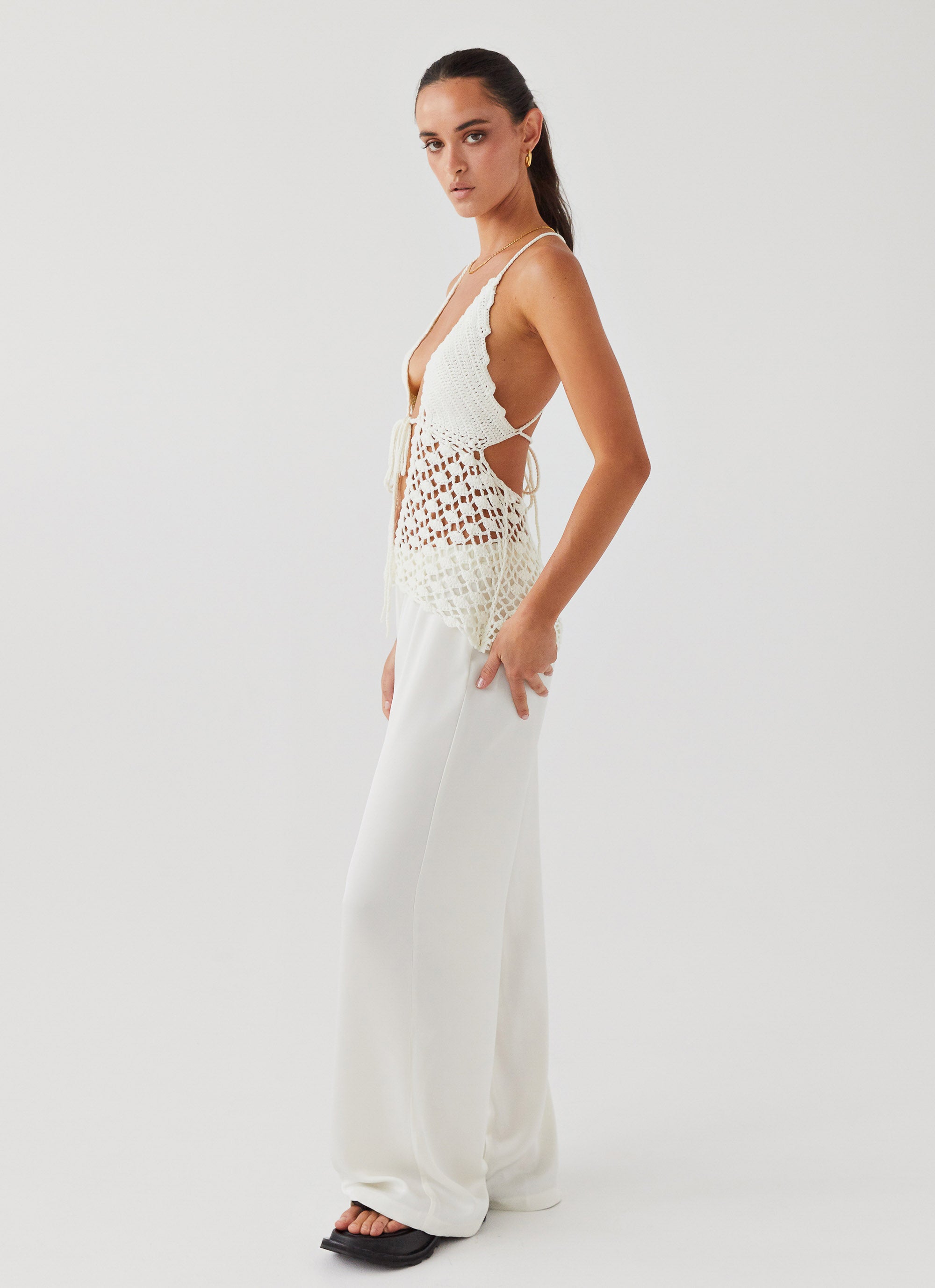 Into You Crochet Tie Top Women's Summer Boho Crop Top - Ivory White Lace Up Casual Blouse for Beach, Music Festival & Vacation Outfits