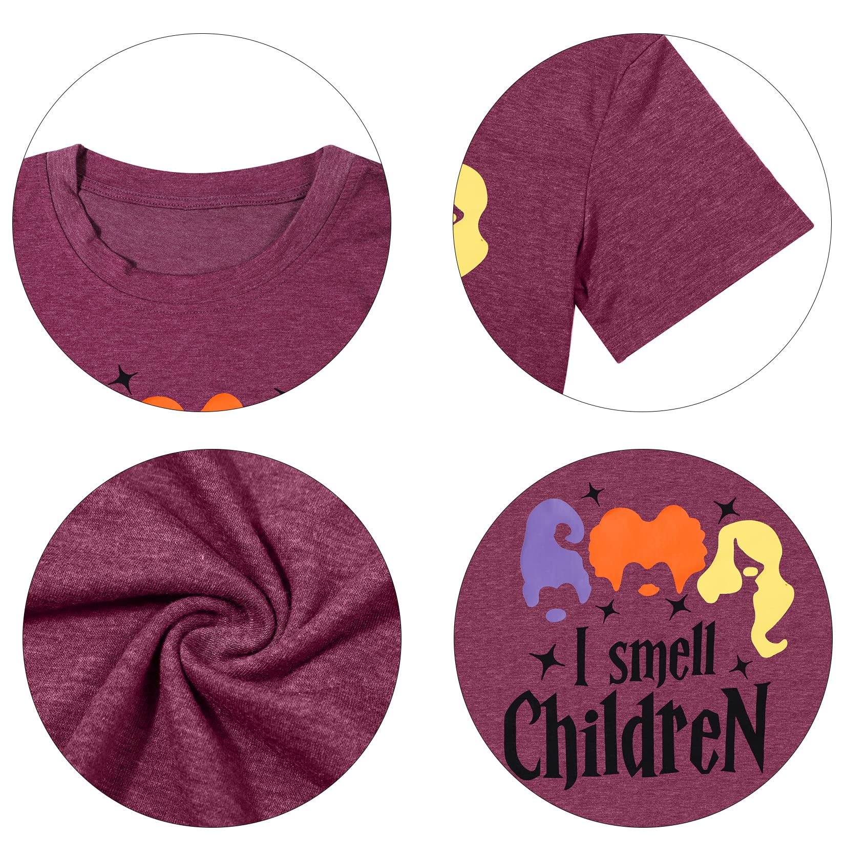 FLOYU Women's Halloween T-Shirt - Sanderson Sisters Inspired Hocus Pocus Shirt with 'I Smell Children' Print | Casual Halloween Costume Top for Teachers, Cosplay, and Halloween Parties