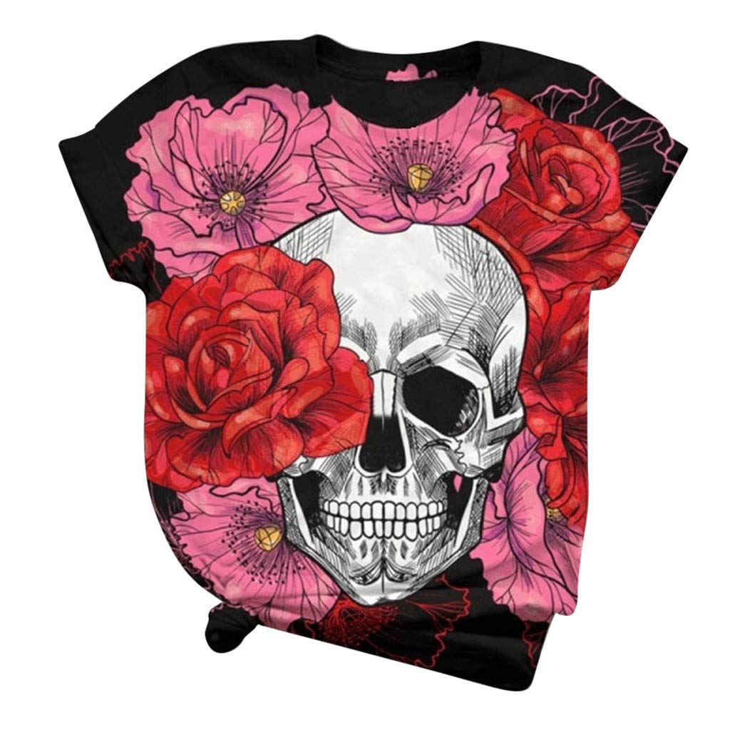 Lozeny Women's Skull Floral Graphic Colorblock Pullover T-Shirt - Short Sleeve Crewneck Casual Top for Sports, Streetwear & Everyday Fashion