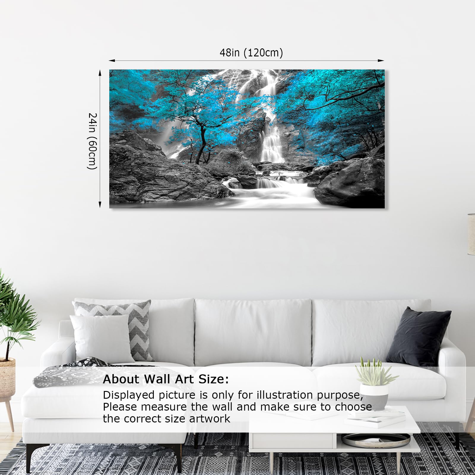 LUEAXRG Waterfall Canvas Wall Art - Blue Maple Leaf Forest Landscape Painting, Modern Tree Wall Decor for Living Room, Bedroom, Kitchen & Home Office, 24x48 Inches - Perfect for Nature-Themed Interior Design & Relaxing Home Atmosphere