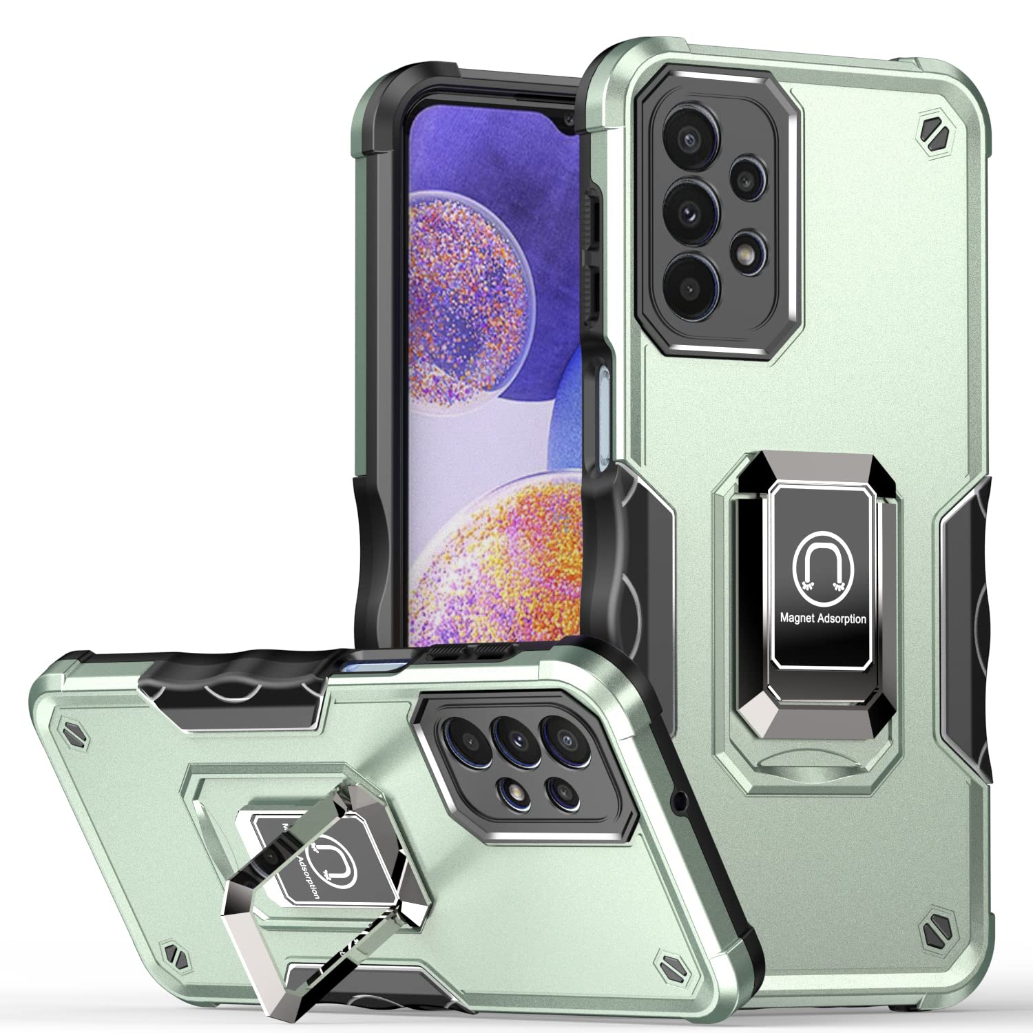 Samsung Galaxy A23 Case with Swivel Kickstand & Camera Cover - Drop-Tested, Lens Protection, Shockproof Phone Cover (JQZH Green) - Perfect for Work, Travel & Outdoor Activities
