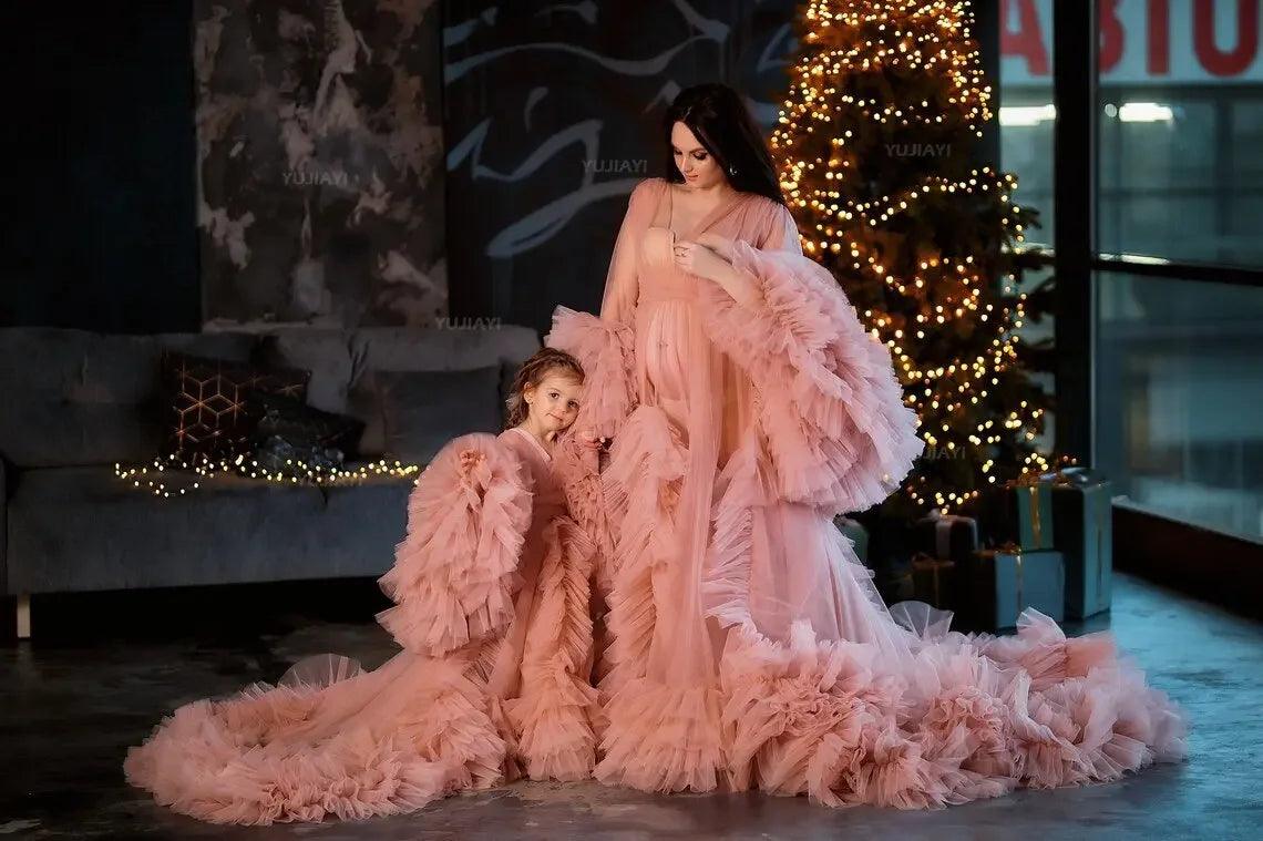 Elegant Mother Daughter Puffy Tulle Photoshoot Dresses - Matching Formal Gowns for Wedding, Birthday Party & Family Portraits