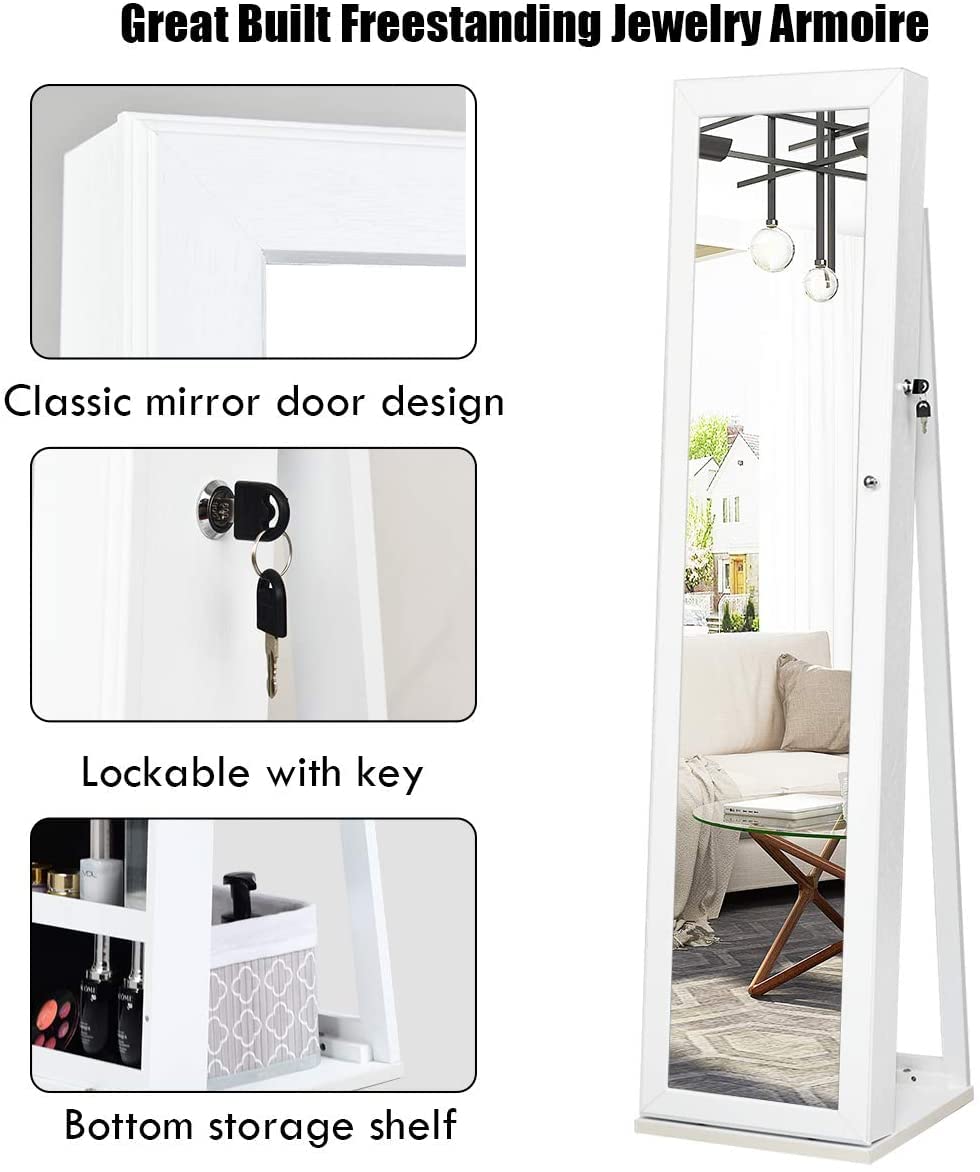 FANTASK Full Length Mirror Jewelry Cabinet with Lock - Free Standing Jewelry Armoire Organizer with Makeup Mirror, Large Storage & Stable Base - White Vanity Dresser for Bedroom, Closet & Bathroom Organization