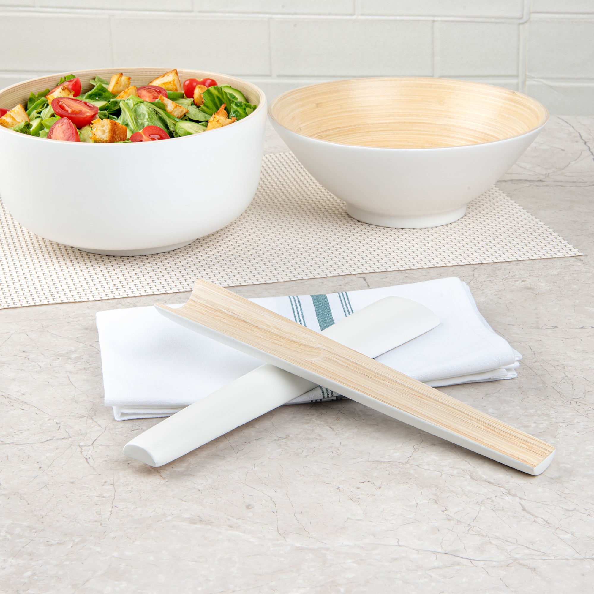 Bamboo Salad Servers Set - 2 Piece White Spun Bamboo Utensils for Serving, 9.75 Inch - Perfect for Salads, Pasta, and Healthy Meals - 10 Count Box