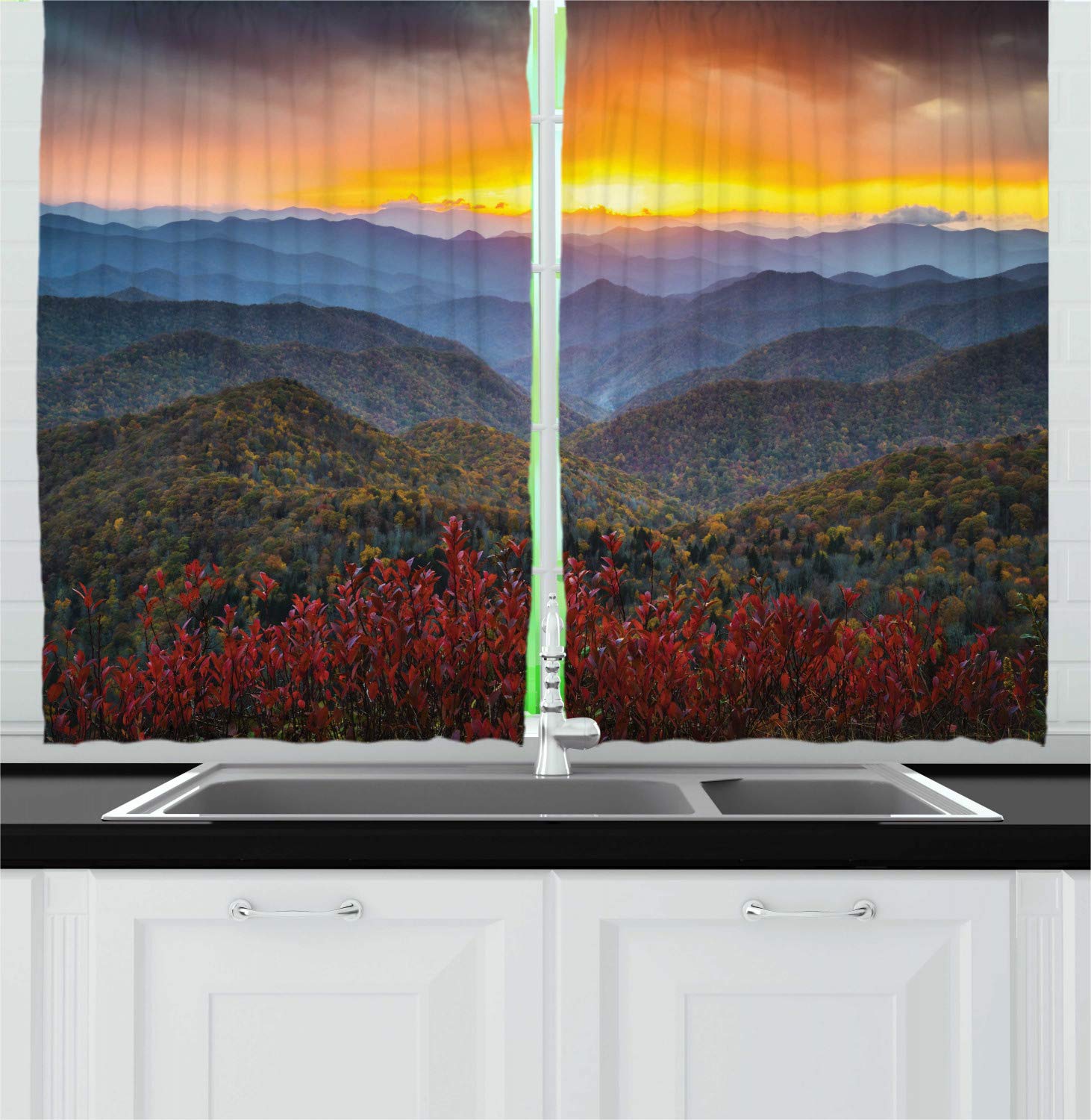 Ambesonne Appalachian Kitchen Curtains - Stunning Blue Ridge Parkway Sunset Panoramic Print, 2-Panel Window Drapes for Kitchen & Cafe Decor, 55 x 39 Inches, Multicolor - Perfect for Farmhouse, Rustic & Country Style Homes