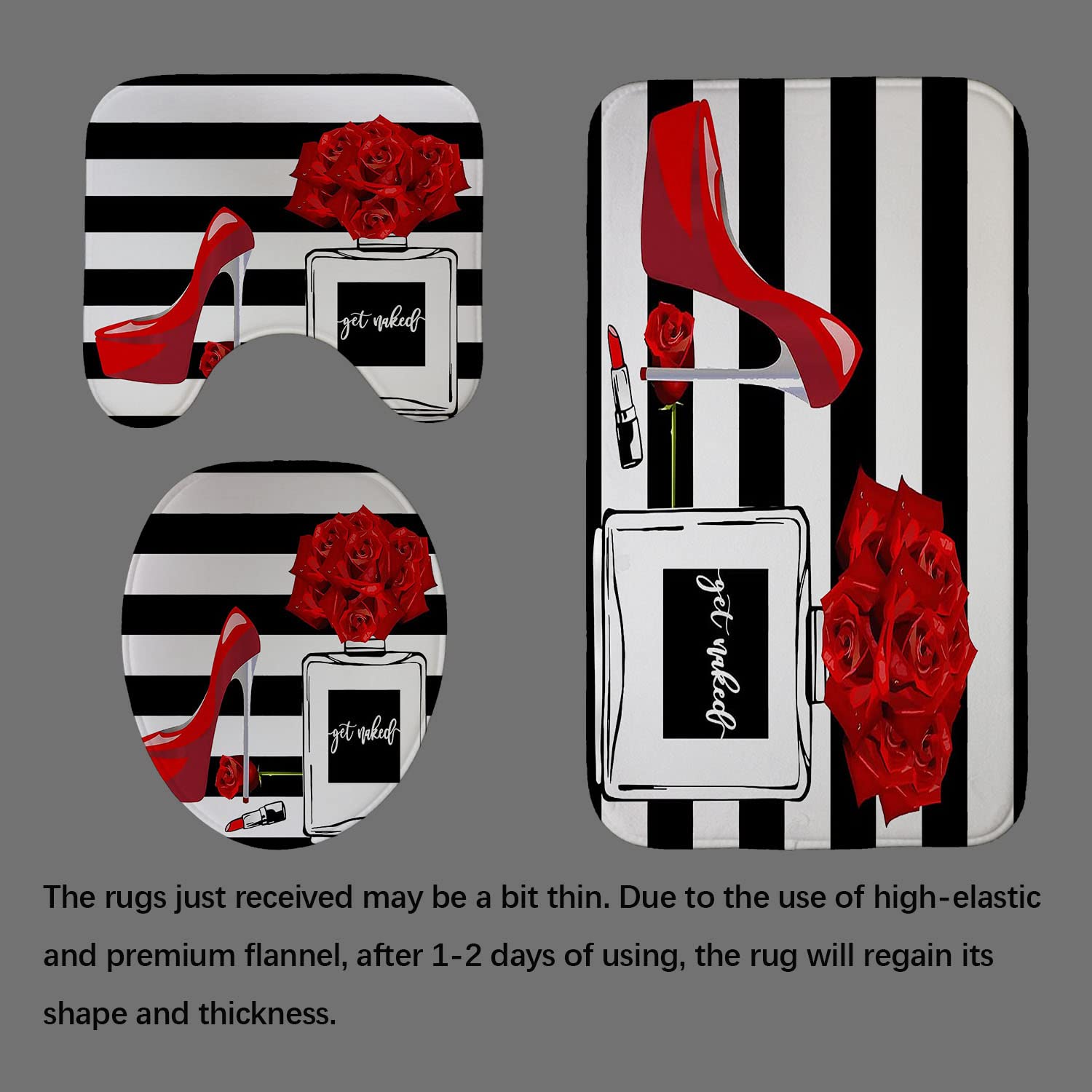 4PCS Fashion Shower Curtain Set - Red High Heels, Lipstick & Perfume Print, Black & White Striped Modern Bathroom Decor with Non-Slip Mat | Valentine's Day Gift, Romantic Women's Bathroom Accessories for Home Decor