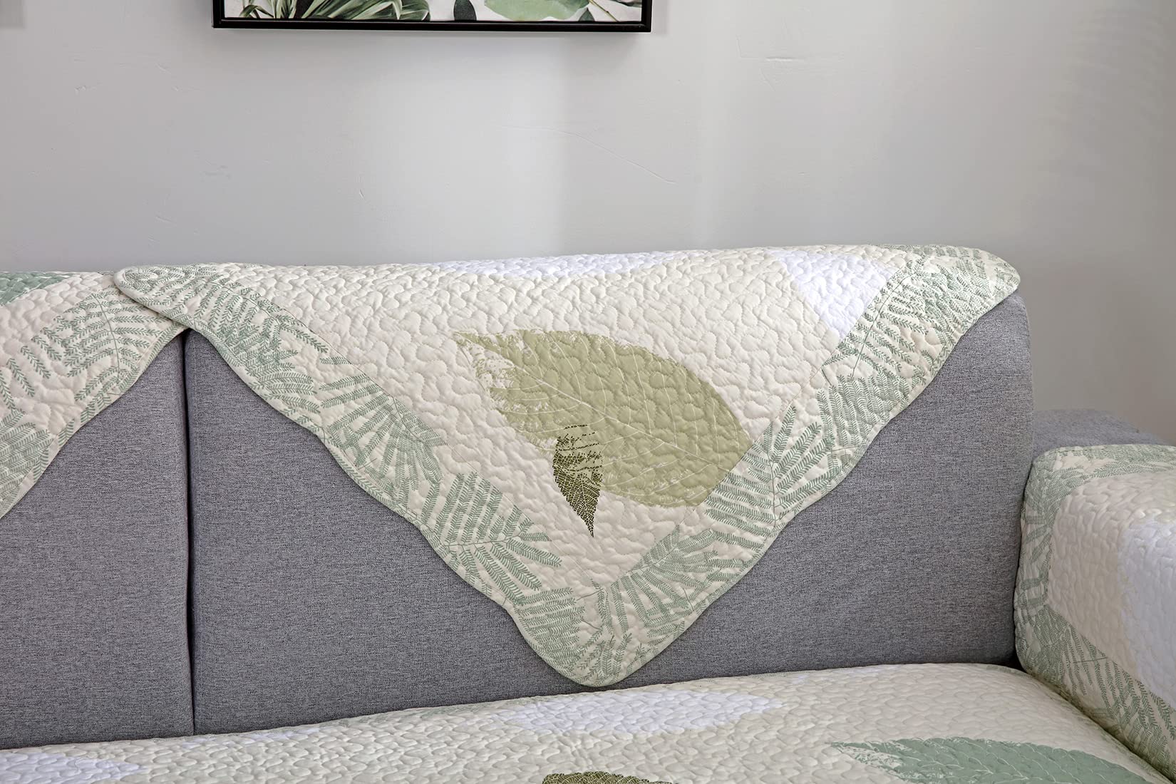 VCTOPS Farmhouse Country Leaf Pattern Cotton Quilted Sofa Cover - Non-Slip Soft Comfy Sectional Couch Slipcover Furniture Protector (Green Leaf, 28