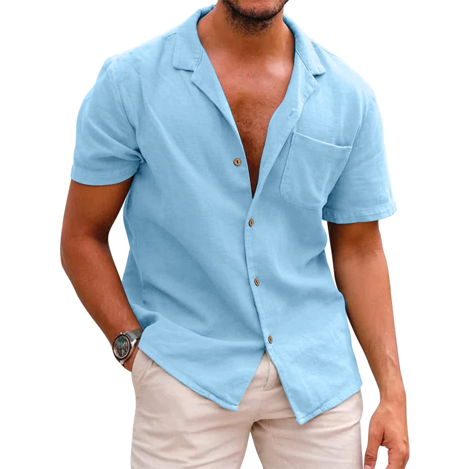 Men's Casual Short Sleeve Button Down Shirts - 100% Cotton Linen Blend, Turn-Down Collar, Solid Color Summer Tops with Chest Pockets | Perfect for Beach Outings, Music Festivals & Boho Style Outfits