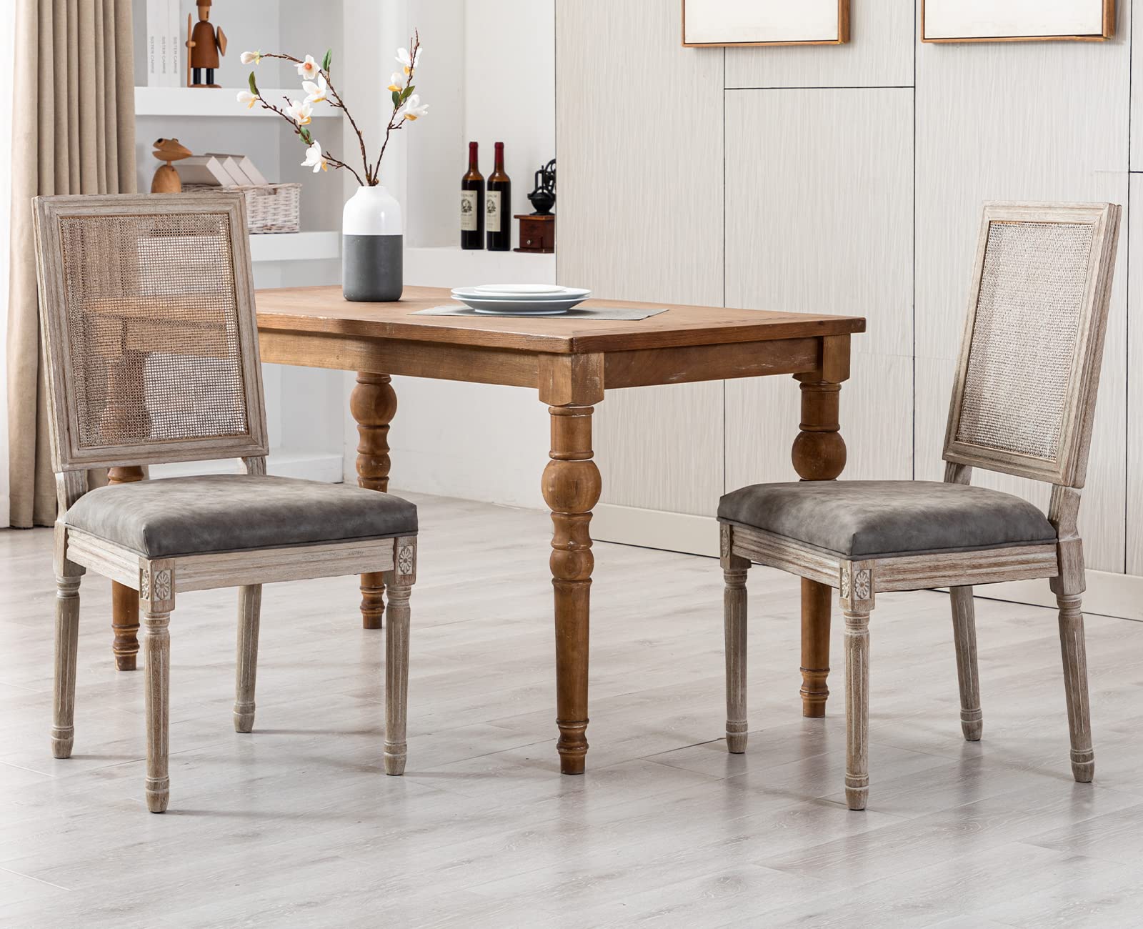 Premium PU Leather Dining Chairs Set of 2 - French Farmhouse Style with Rattan Square Back - Comfortable Kitchen & Living Room Seating for Home, Restaurant, Cafe (Grey)