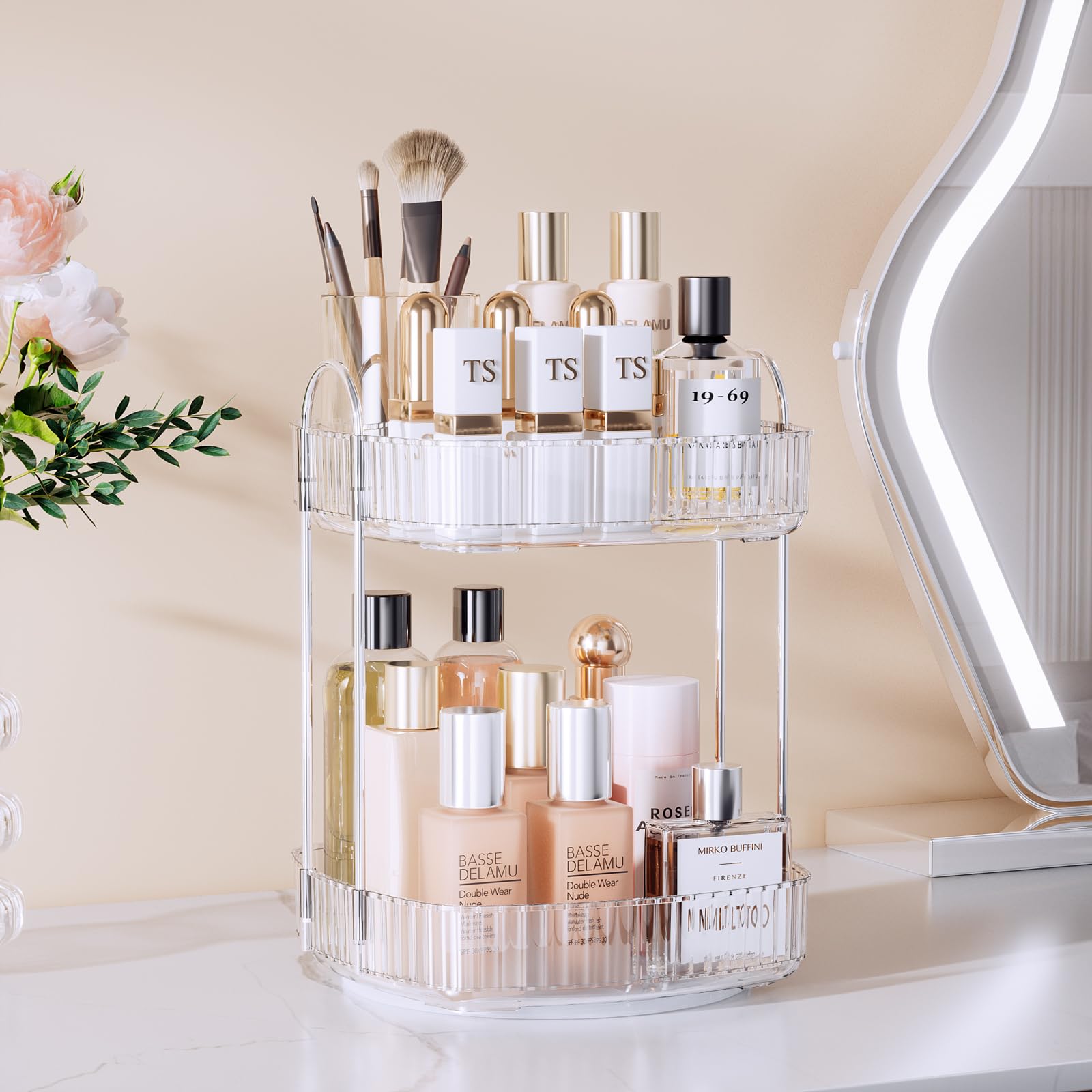 Delamu 2-Tier Rotating Makeup Organizer - Large Capacity Countertop Storage for Cosmetics, Skincare & Perfume | Clear Acrylic Bathroom Vanity Organizer for Dresser, Bedroom & Bathroom Counter | Perfect for Daily Beauty Routine & Space Saving Organization