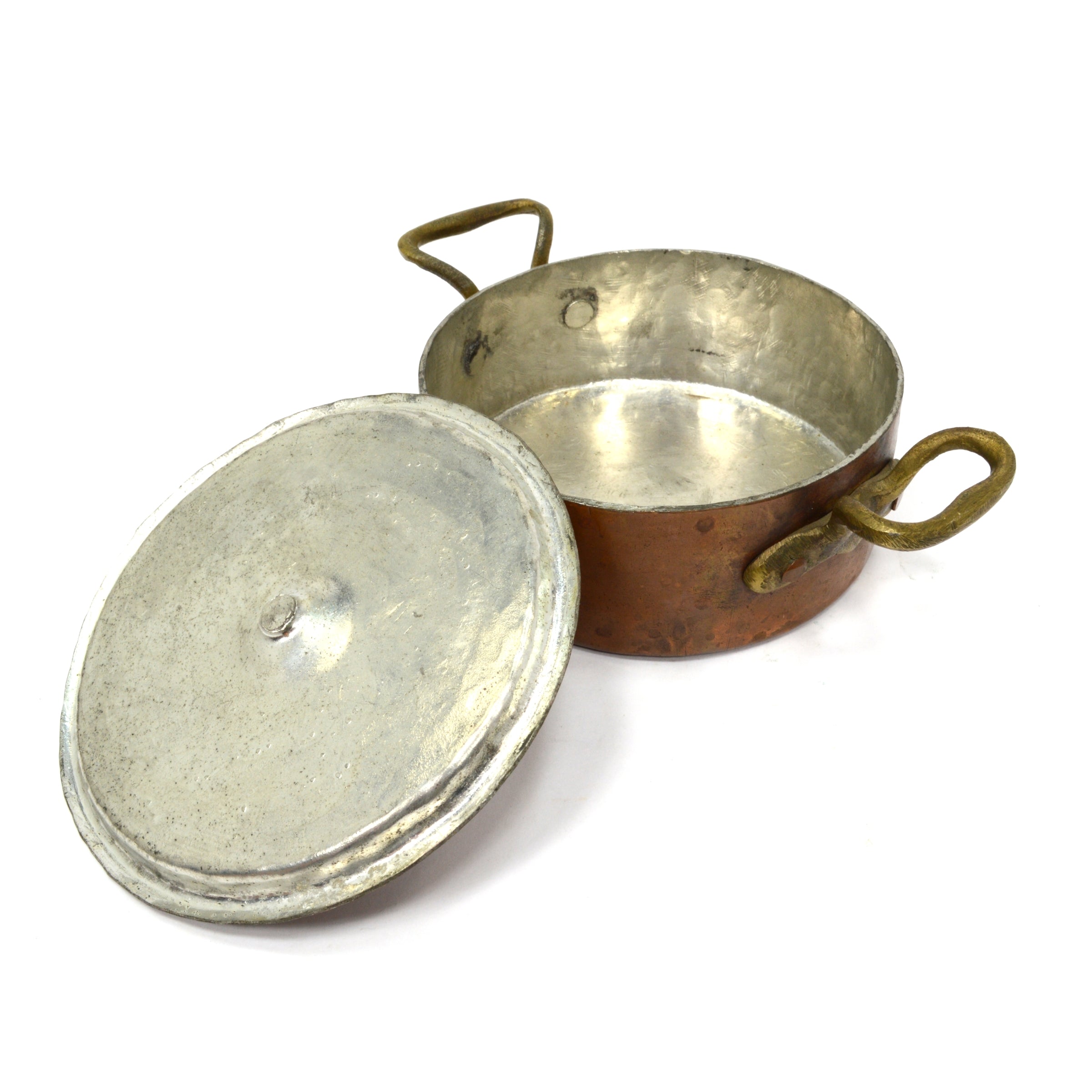 Vintage Copper & Tin Braising Pan - 5 Single Serve Bowls with Lid & 2 Brass Handles | Perfect for Asian Cooking, Hot Pot & Tabletop Serving