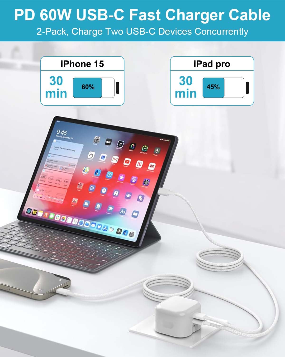 60W USB C to USB C Fast Charging Cable 2M (2-Pack) - Compatible with iPhone 16/15/15 Pro Max/15 Plus, MacBook, iPad Pro - High-Speed Data Sync & Power Delivery for Home, Office & Travel