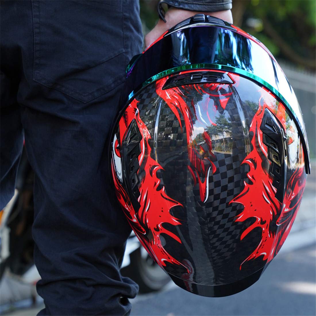 Carbon Fiber Full Face Motorcycle Helmet FA-602 - DOT Approved Dual Visor Racing Helmet for Street Bike & ATV - Unisex Adult (Monstrous Red, XXL) - Perfect for Mountain Racing & Urban Commuting