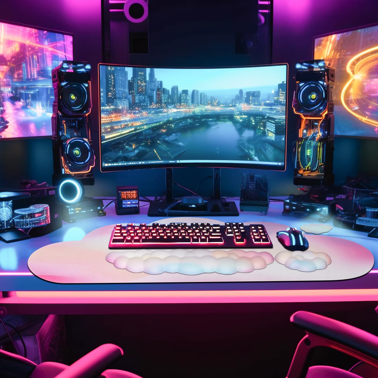 JIKIOU Large Cloud Mouse Pad Set - Waterproof Ergonomic Desk Wrist Support for Keyboard & Mouse (35.4x15.7in) with Rainbow Design | Perfect for Office, Gaming & Home Computer Workstations
