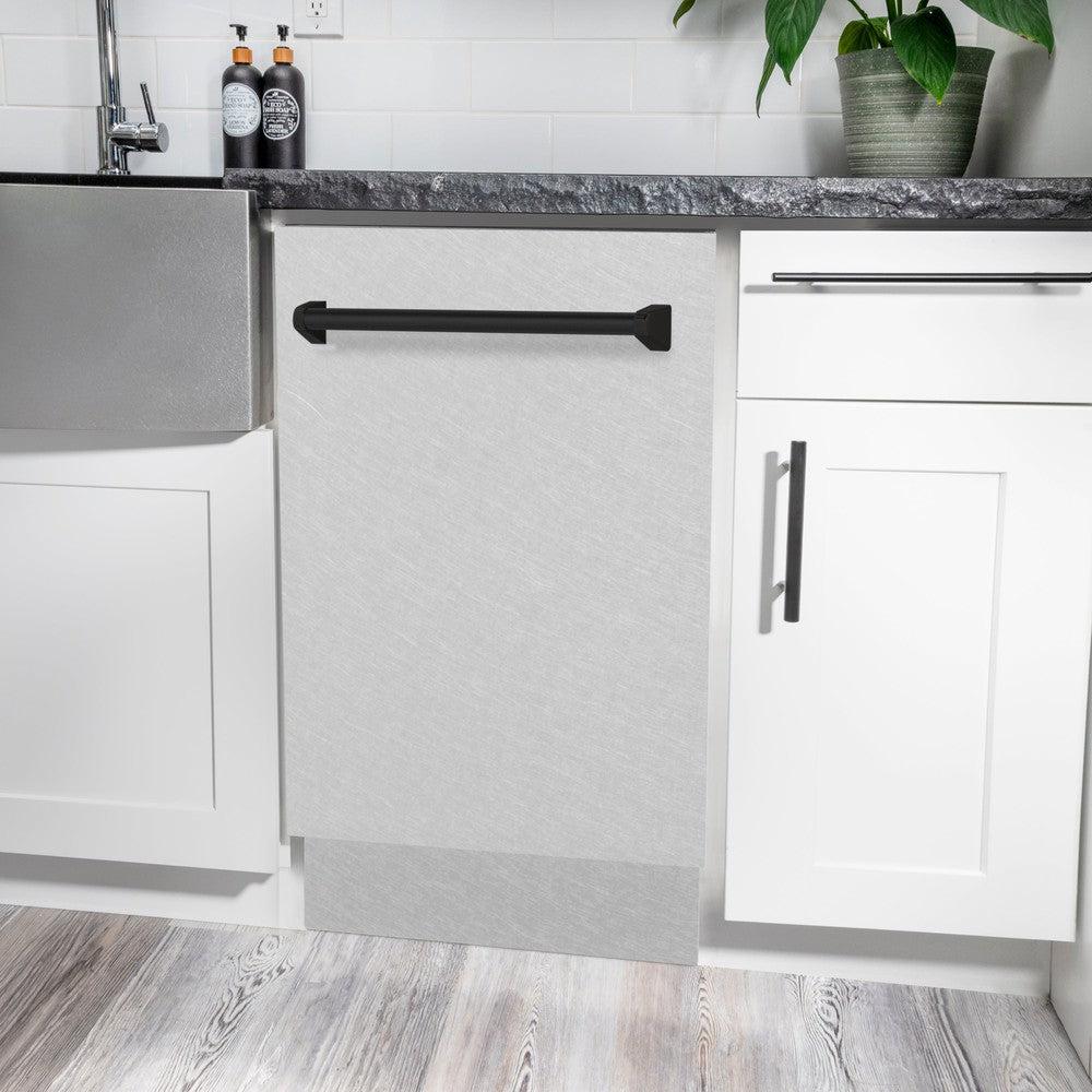 ZLINE Autograph Edition 18-inch Built-In Dishwasher - Tallac Series with 3rd Rack, Top Control Panel, Satin Stainless Steel Finish & Matte Black Handle - Ultra Quiet 51dBa - Perfect for Modern Kitchens, Small Spaces, and Open-Concept Homes (DWVZ SN 18 MB)