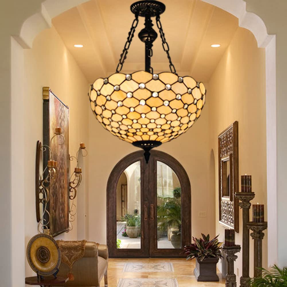 QHRAY Tiffany Stained Glass Chandelier - 3-Light Vintage Jeweled Ceiling Fixture in Antique Cream White | Elegant Hanging Lamp for Dining Room, Living Room & Hallway Lighting | Perfect for Victorian, Gothic & Classic Home Decor (Bulbs Not Included)