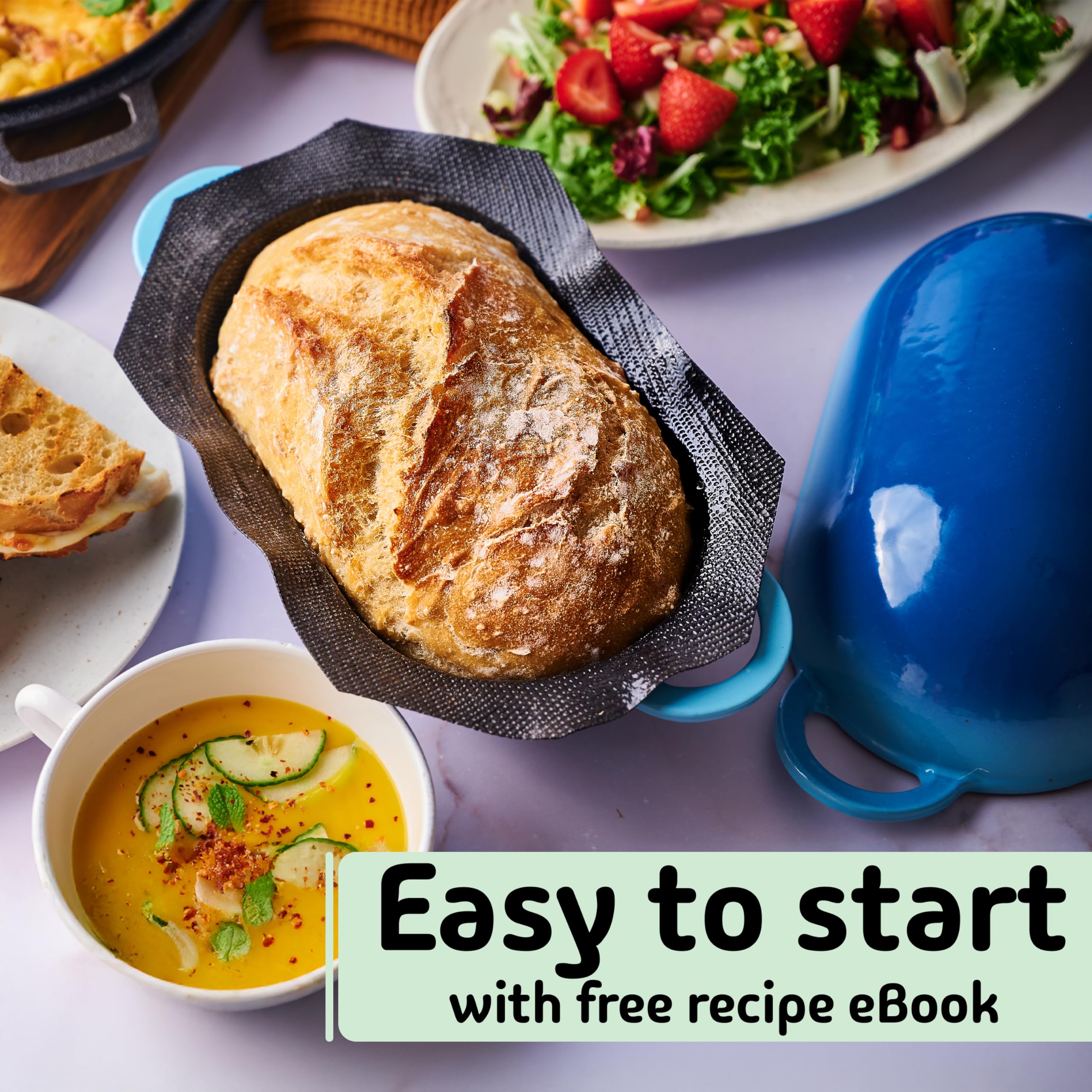 Easy Artisan Bread Kit with Cast Iron Dutch Oven (2 qt) & Non-Stick Silicone Liner - Perfect for Homemade Sourdough, No-Knead Bread Baking at Home
