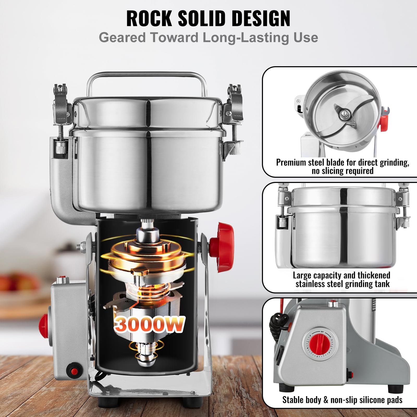VEVOR 1000g Electric Grain Mill Grinder - 3000W High-Speed Commercial Spice Grinder | Stainless Steel Powder Machine for Coffee, Corn, Pepper & Dry Grains | Perfect for Bakeries, Coffee Shops & Home Kitchens