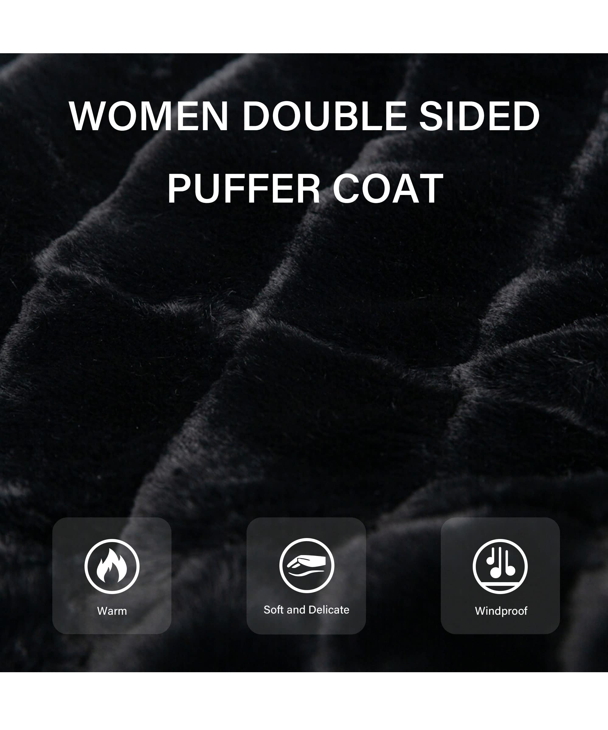 Bellivera Women's Reversible Faux Fur Jacket - Double Sided Winter & Spring Hooded Puffer Coat with Detachable Fur Collar | Warm Fashion Outerwear for Casual Outings & Cold Weather