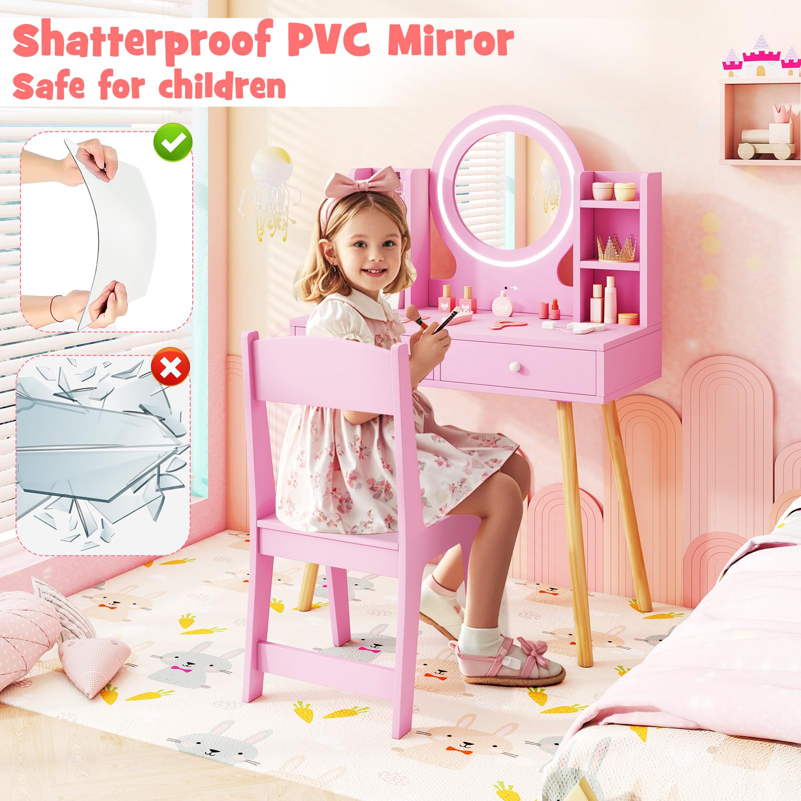 HONEY JOY Kids Vanity Set with Mirror, Stool & Lights - Pink Toddler Makeup Dressing Table with Storage Drawers & Shelves - Pretend Play Vanity for Girls - Perfect for Bedroom Decor, Birthday Gifts & Role Play Activities