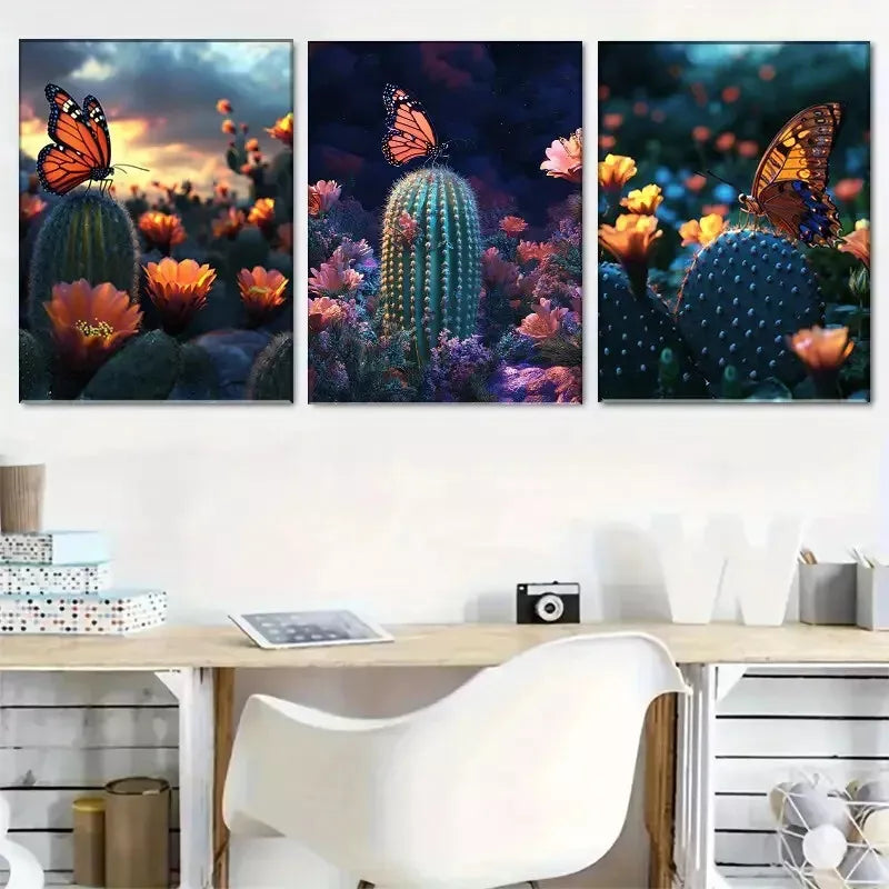 3-Piece Romantic Desert Sea of Cactus Flowers Art Set - 50x70cm Framed Canvas Wall Decor | High Quality Print | 100% Australian Made | Ready to Hang | Perfect for Living Room, Bedroom & Office Decor