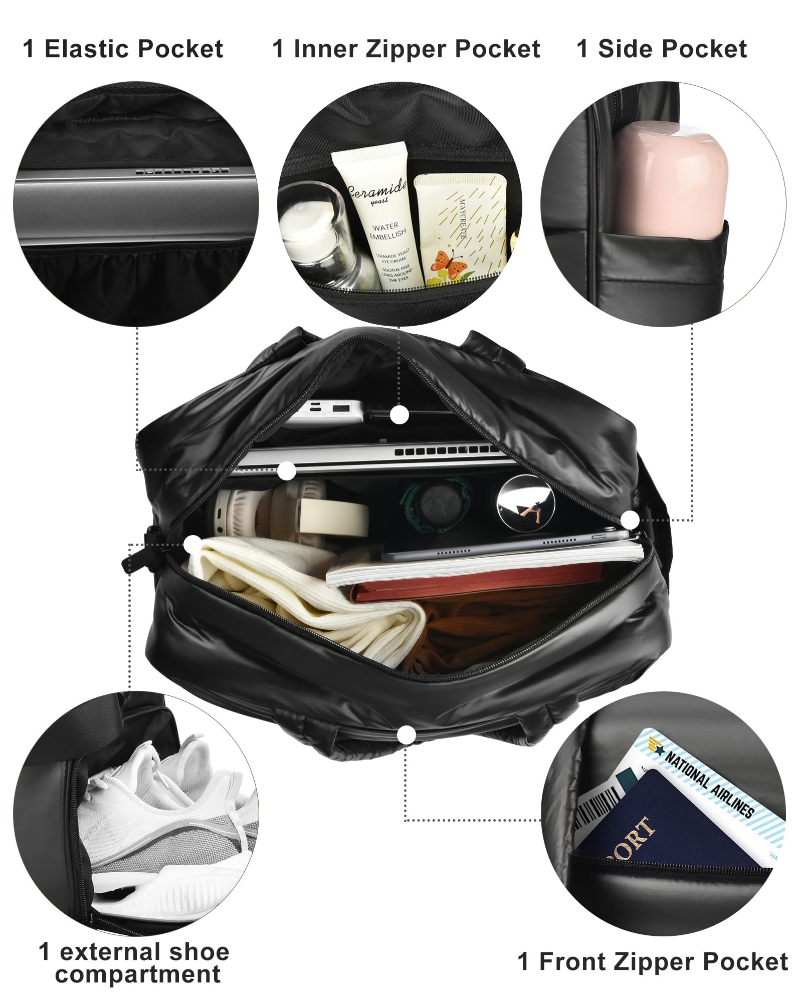 Lightweight Puffer Weekender Bag for Women - Travel & Gym Duffle with Shoe Compartment