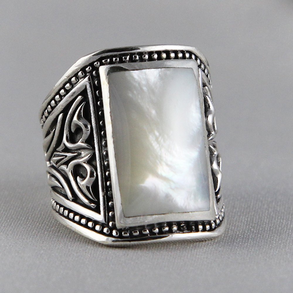 VY JEWELRY 925 Sterling Silver Onyx or Shell Men's Ring for Wedding, Engagement & Gift - Handmade in Thailand - Durable & Hypoallergenic Jewelry for Everyday Wear
