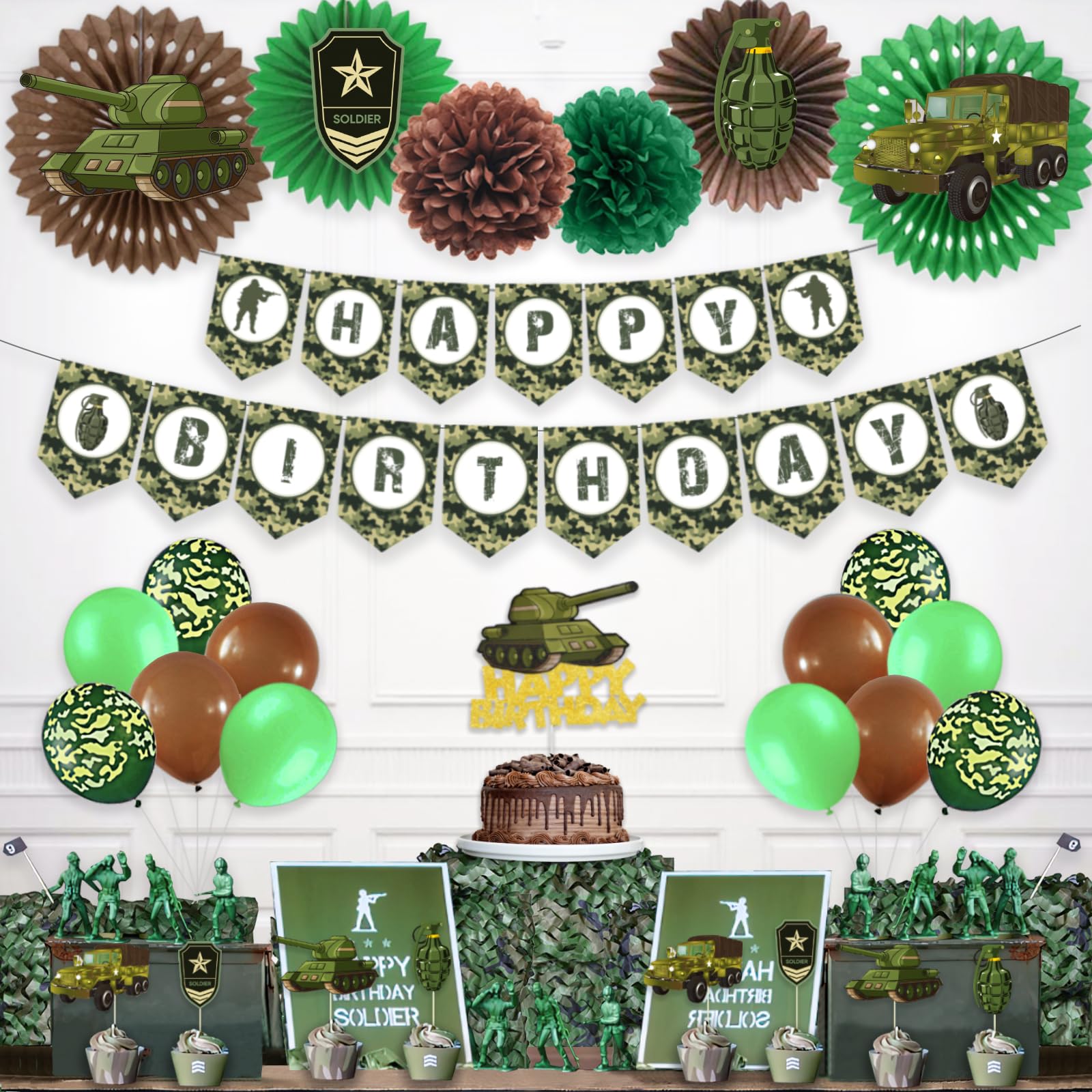 Army Party Decorations - Military Birthday Supplies with Camouflage Balloons, Tank Foil Balloons, Cake Toppers & Badge Cutouts | Perfect for Army Themed Birthday Parties, Veterans Day Celebrations & Military Appreciation Events