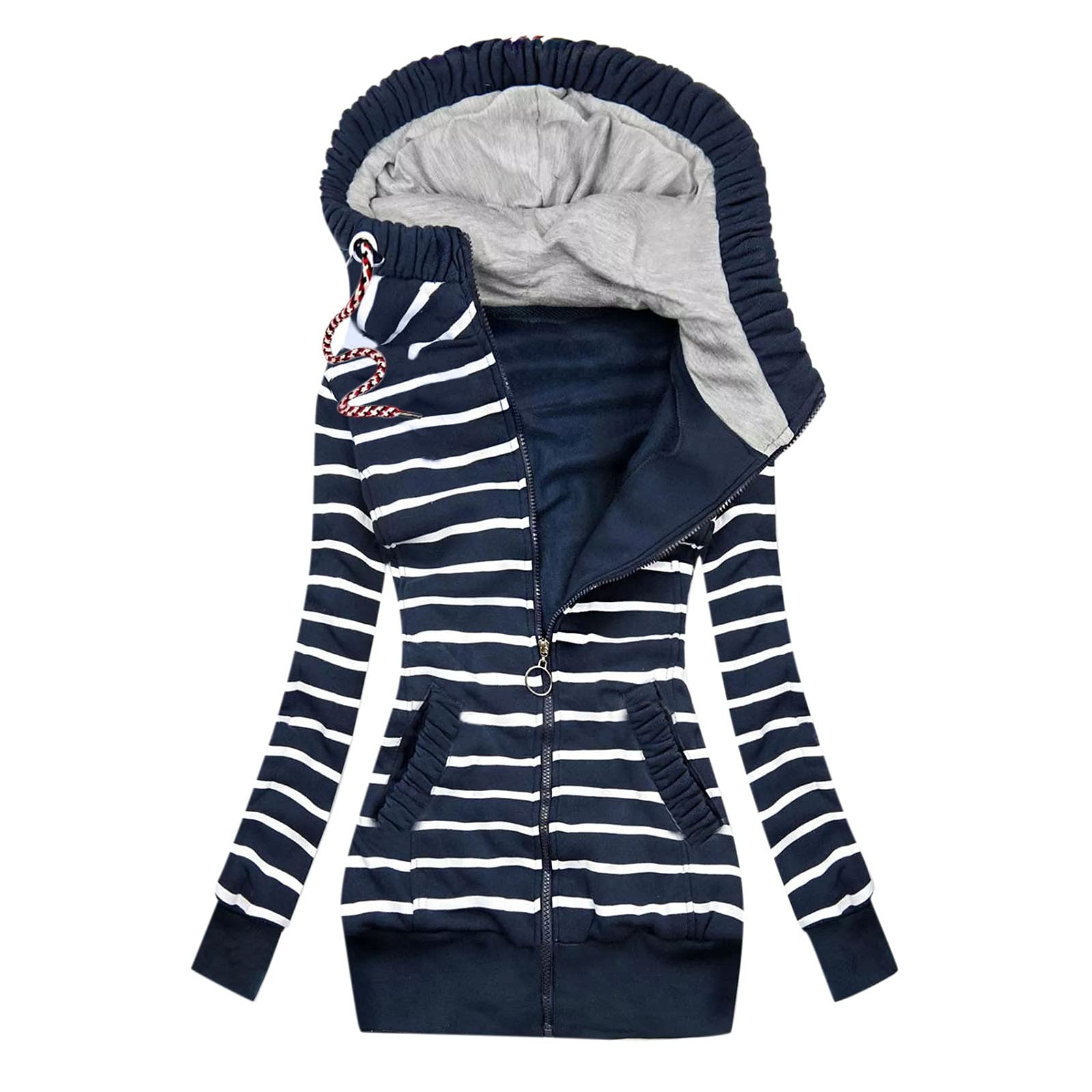 Women's Striped Fleece Hooded Pullover Sweatshirt - Cozy Loose Fit Zipper Jacket for Casual Wear & Outdoor Activities