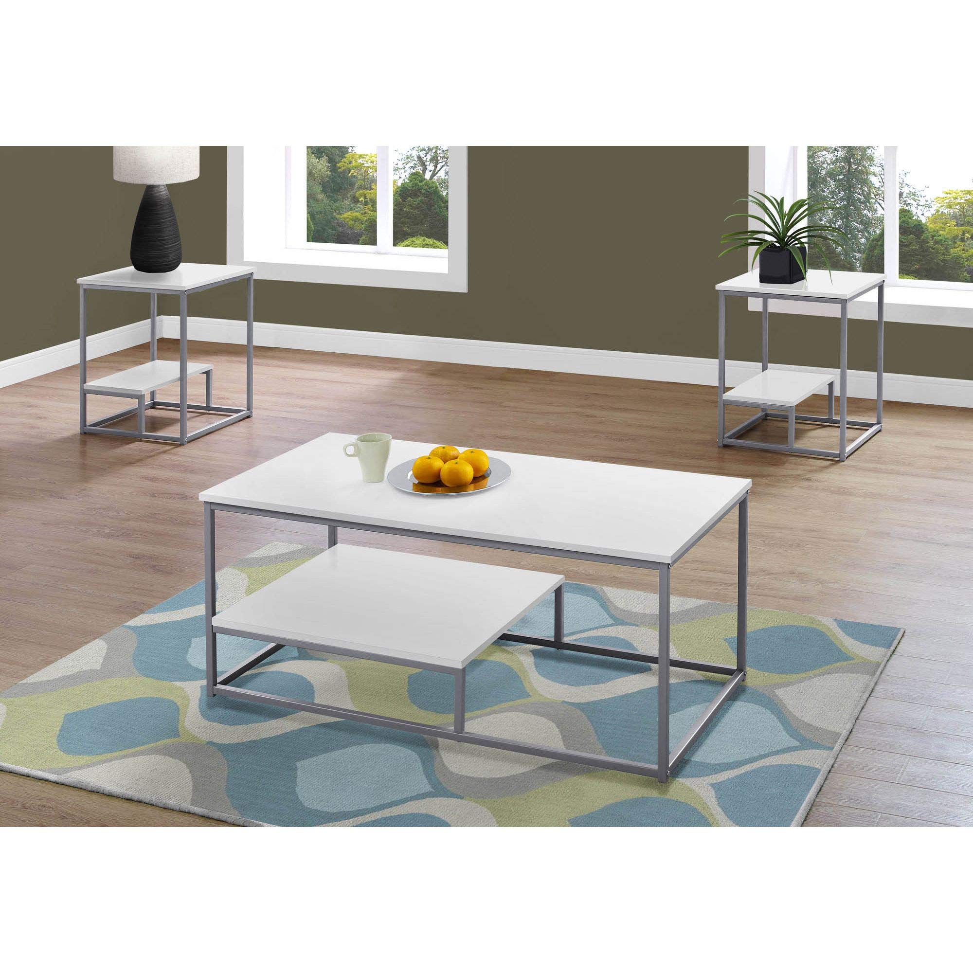Offex 3-Piece White Silver Coffee Table Set for Living Room