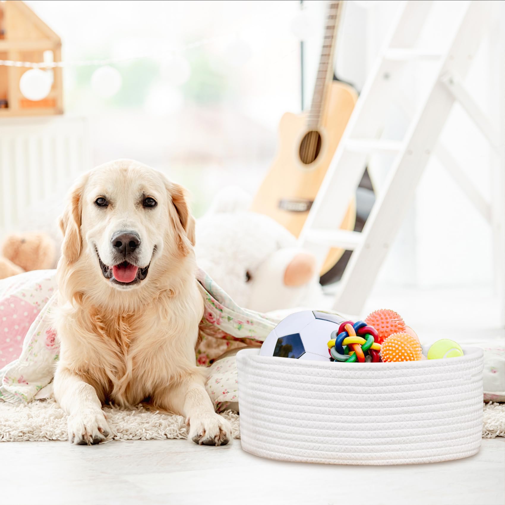 ABenkle Small White Woven Storage Basket - Organizer for Dog & Cat Toys, Shelves, Closet - Decorative Gift Box | Perfect for Pet Toy Storage & Home Organization