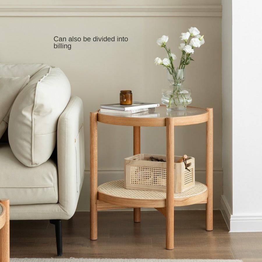 Stylish Oak Solid Wood Coffee Table with Glass Top and Rattan Accents - Perfect for Living Room, Lounge, and Home Decor
