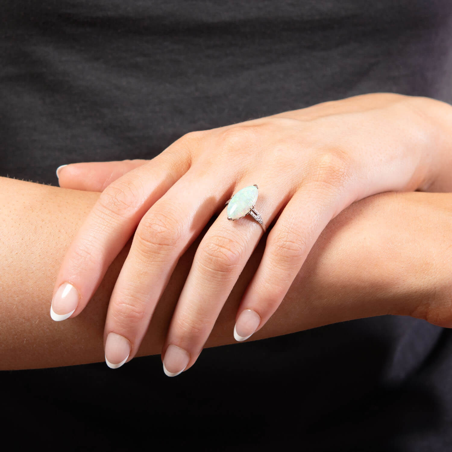 Exquisite Edwardian Platinum Marquise Cut Opal Ring - Vintage Inspired Jewelry for Weddings, Anniversaries & Special Occasions