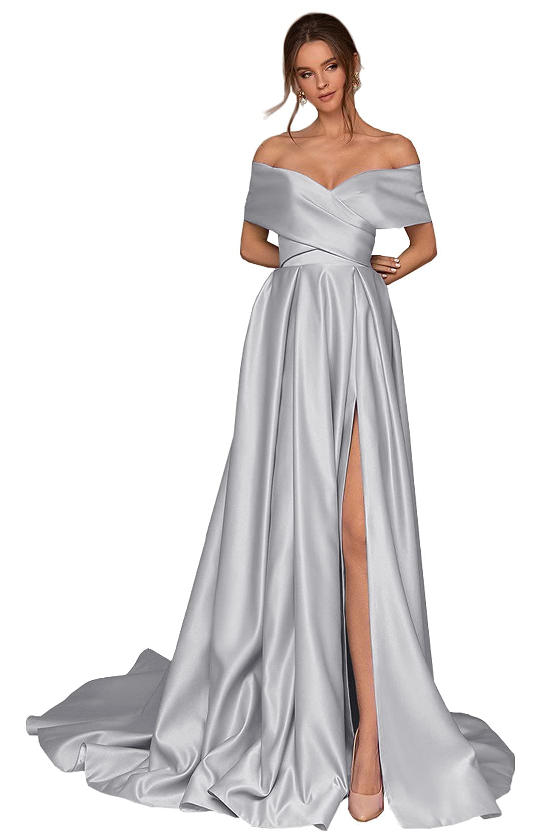 ZMOVQA Women's Off The Shoulder Satin Prom Dress with Slit, A-Line Lace Up Corset Back Long Formal Evening Gown - Perfect for Homecoming, Wedding Guest, Cocktail Party & Special Occasions