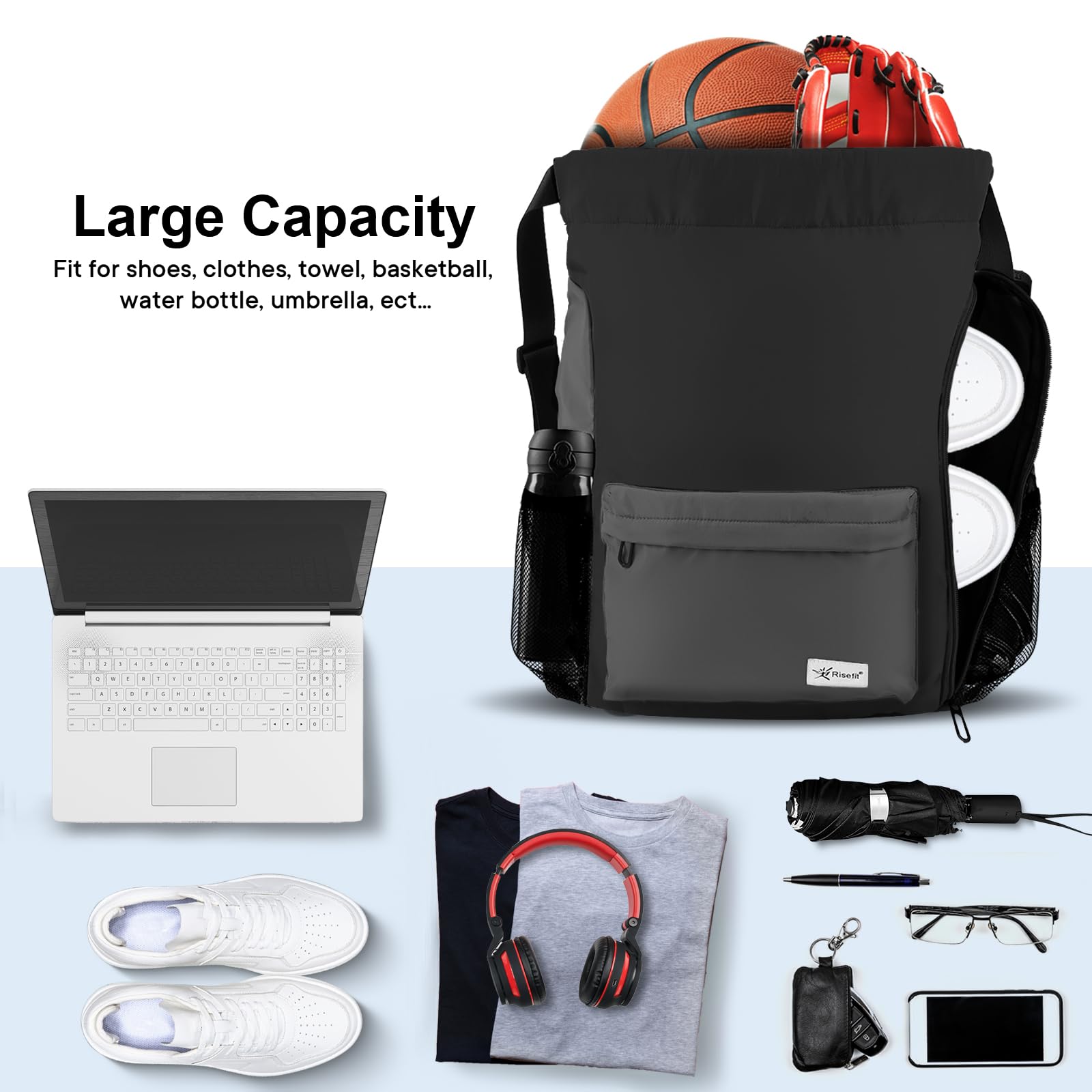**Drawstring Backpack with Mesh Pockets - Lightweight Gym Bag, Sandproof & Water Resistant Sackpack for Men & Women - Perfect for Beach, Travel, Sports & Workouts**
