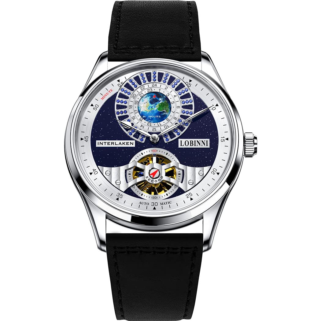 LOBINNI Men's Automatic Luxury Watch - Self-Winding Mechanical Wristwatch with Sapphire Crystal, Leather Strap & Skeleton Dial - 24-Hour Austria Crystal Decoration - Perfect for Business, Formal Events & Gift Giving
