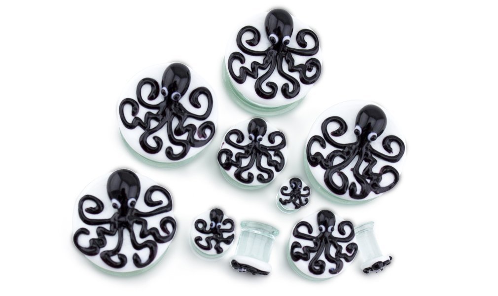 Black Octopus Glass Plugs & Gauges for Ear Stretching - 1 Inch (25mm) Body Jewelry - 1 Pair (2pc) - Perfect for Urban Style & Alternative Fashion