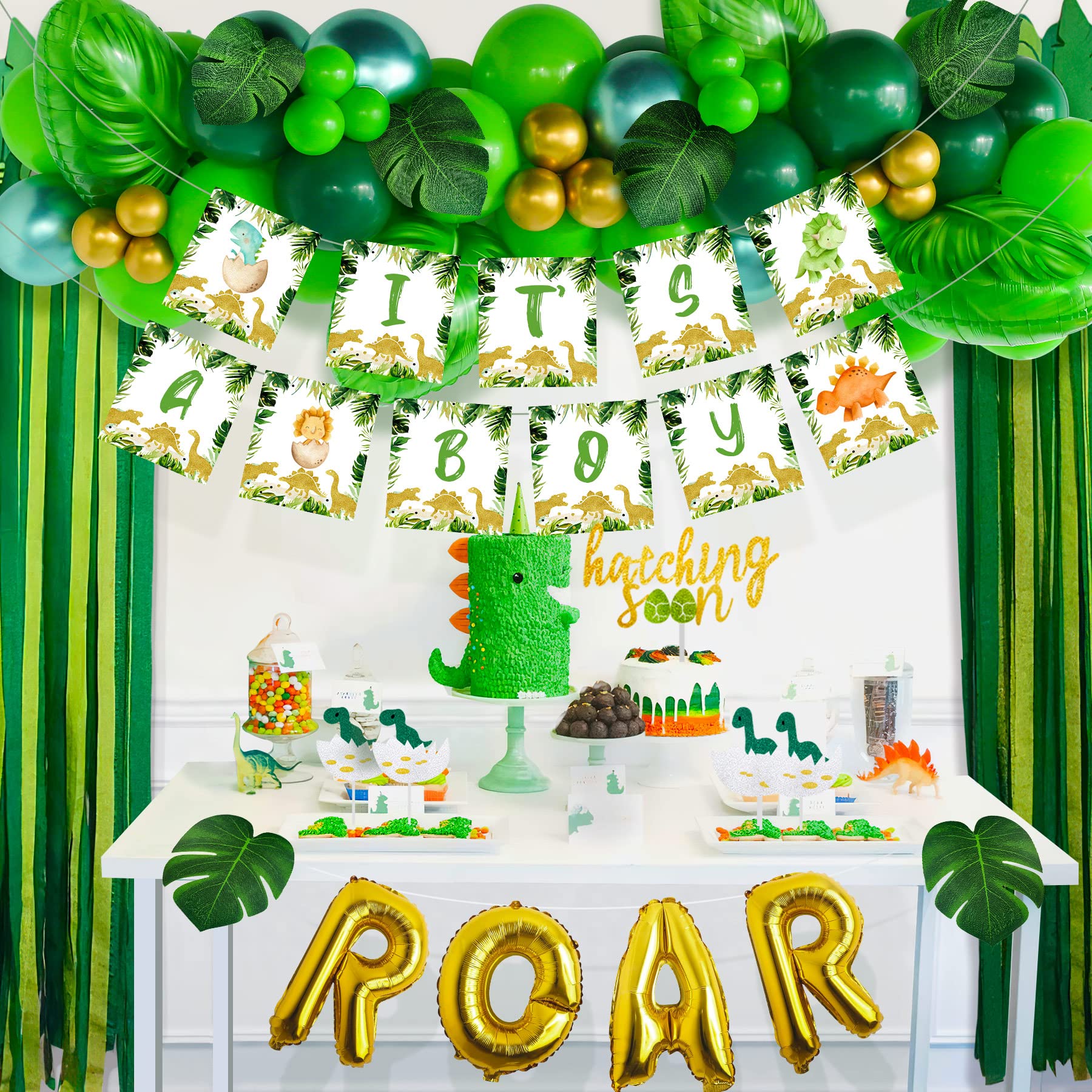 Dinosaur Baby Shower Decorations for Boys - Dinosaur Balloon Garland Arch, Table Decor & Party Supplies | IT'S A BOY Banner & Hatching Soon Cake Topper | Perfect for Dinosaur-Themed Baby Showers, Gender Reveals & Birthday Parties