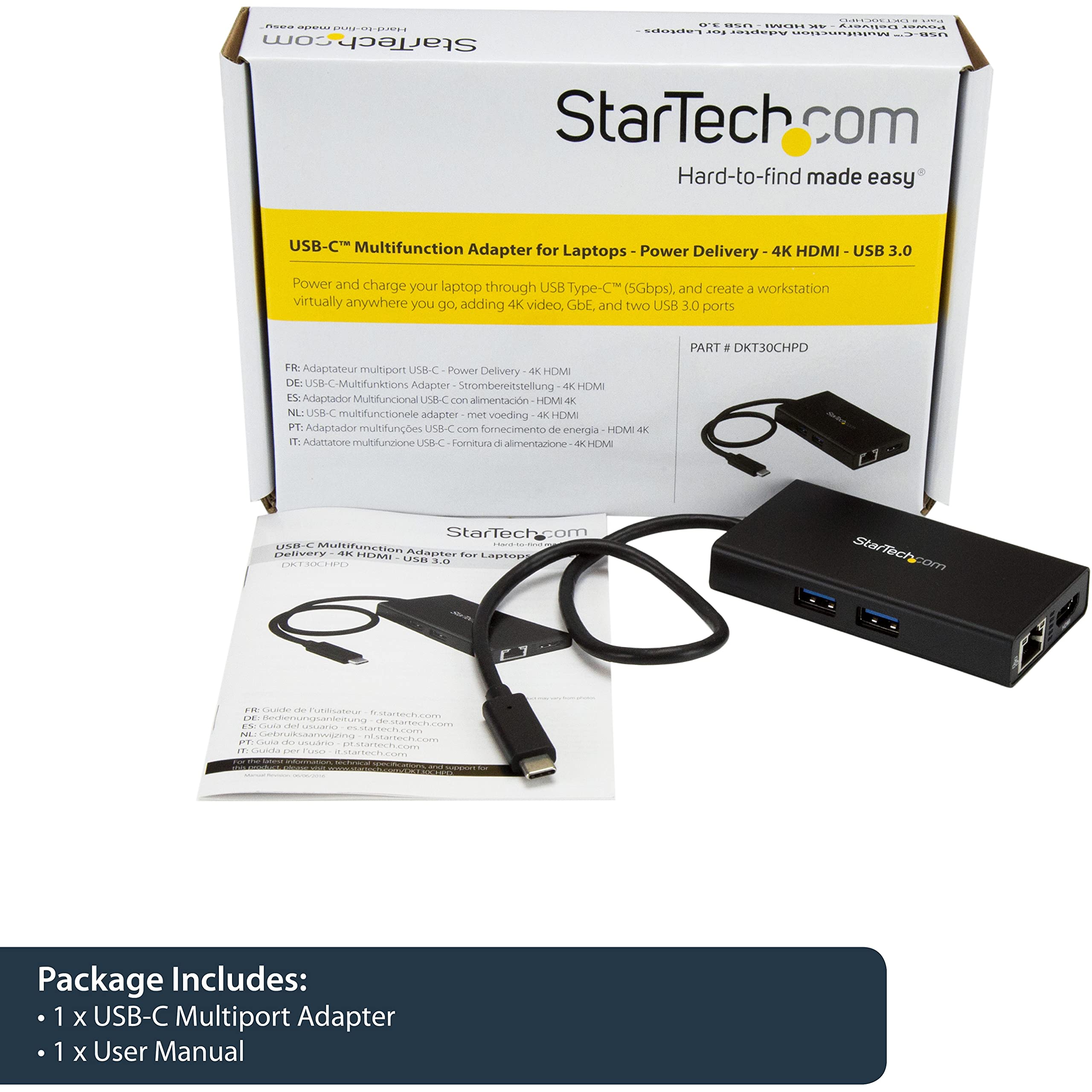 StarTech.com DKT30CHPD USB C Multiport Adapter with Power Delivery (PD) - 4K HDMI, Gigabit Ethernet, USB 3.0 Hub - Black - Perfect for MacBook Pro, Dell XPS & Home Office Setup