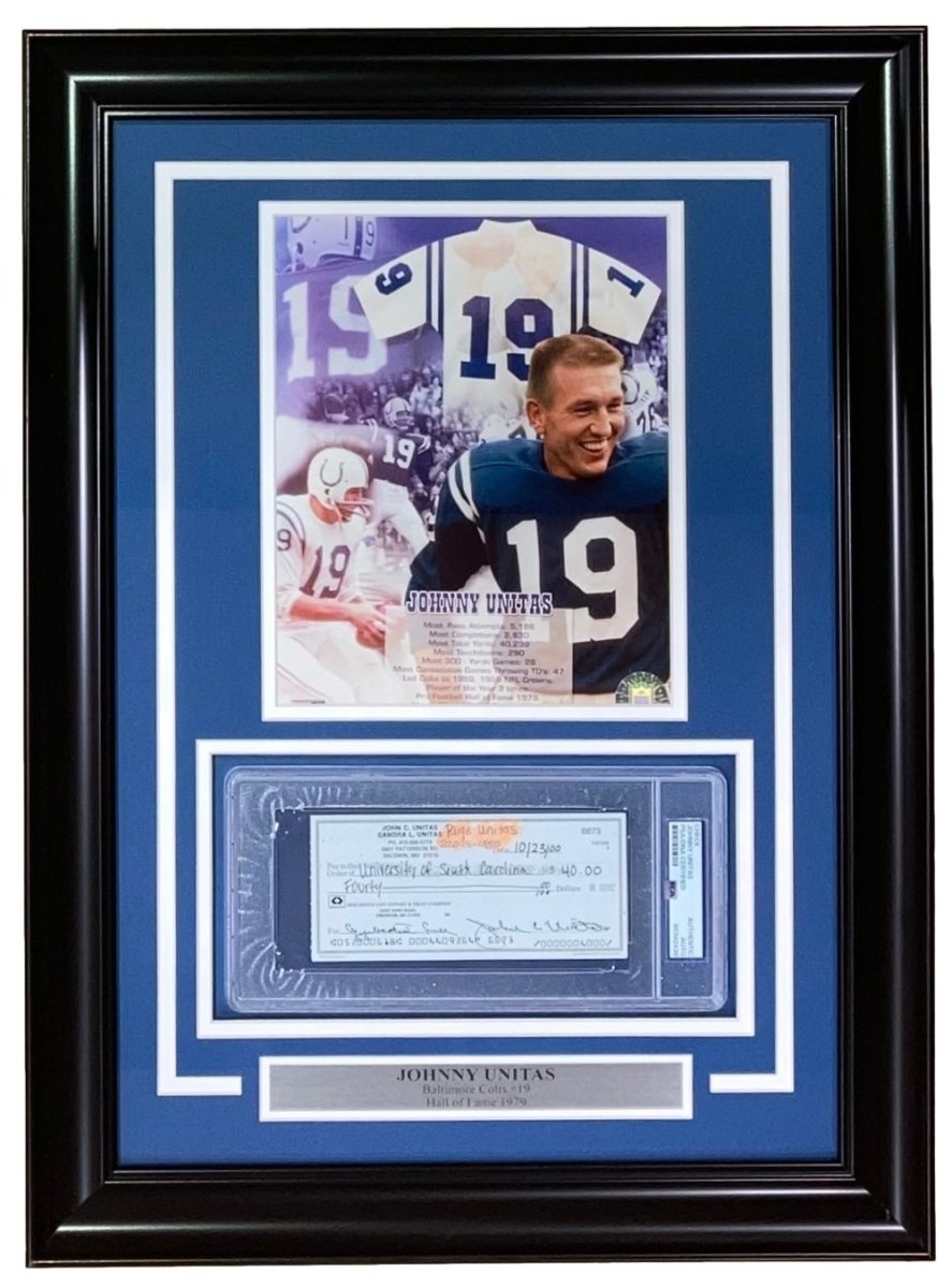 Johnny Unitas Baltimore Colts Autographed Framed Bank Check #6673 PSA Certified - Perfect for Sports Memorabilia Collectors & Football Fans Display