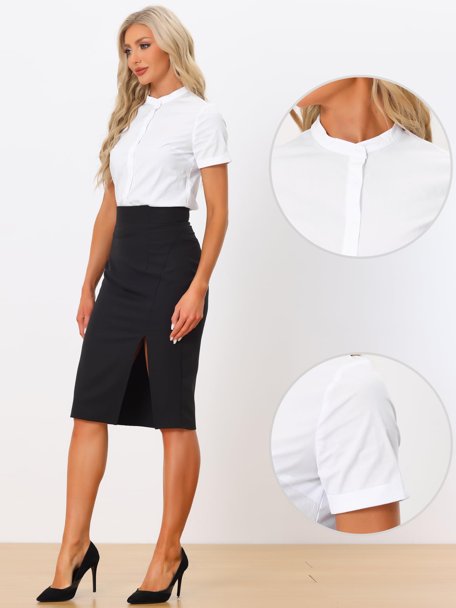 Allegra K Women's Mock Neck Short Sleeve Button Down Bodysuit - Professional Work Tops for Office Wear & Business Casual Outfits
